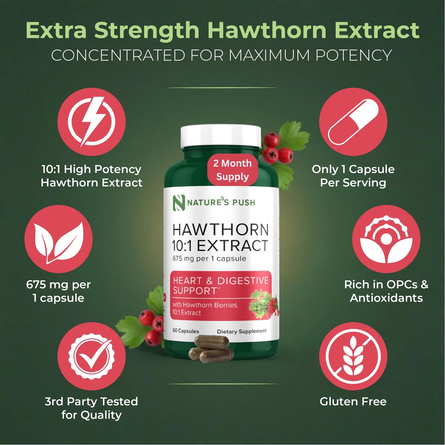 Nature's Push Hawthorn Berry Supplement 10:1 Extract 675mg Capsules, 60 Count