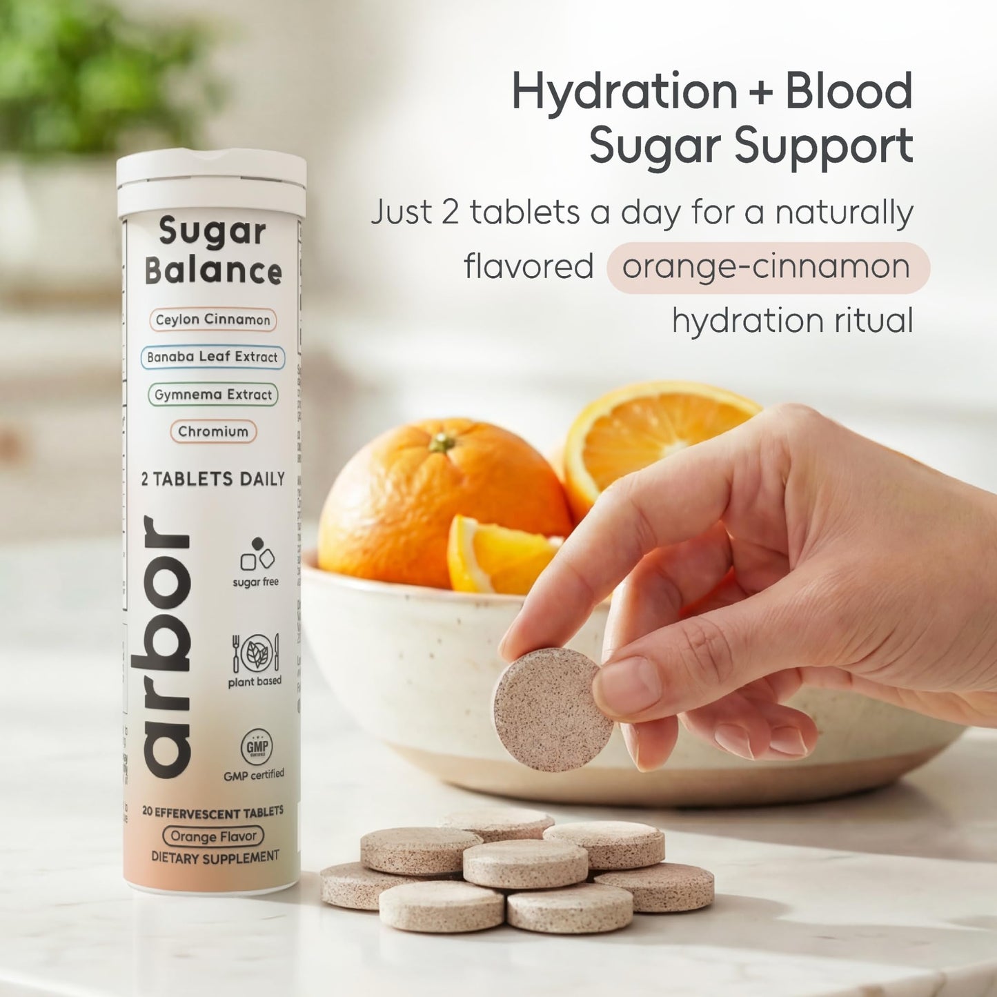 ARBOR ELEMENTS Sugar Balance Tablets – Plant-Based Herbal Supplement with Gymnema Sylvestre, Ceylon Cinnamon, Banaba Leaf & Chromium – Sugar-Free Orange Flavor, 20 Tablets