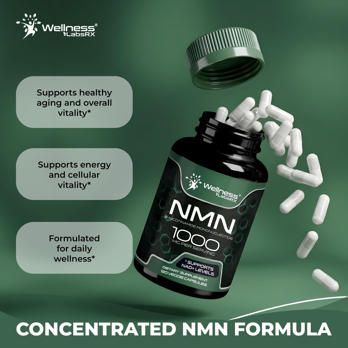 WELLNESS LABSRX NMN Supplement 1000mg Nicotinamide Mononucleotide Capsule, 120 Count