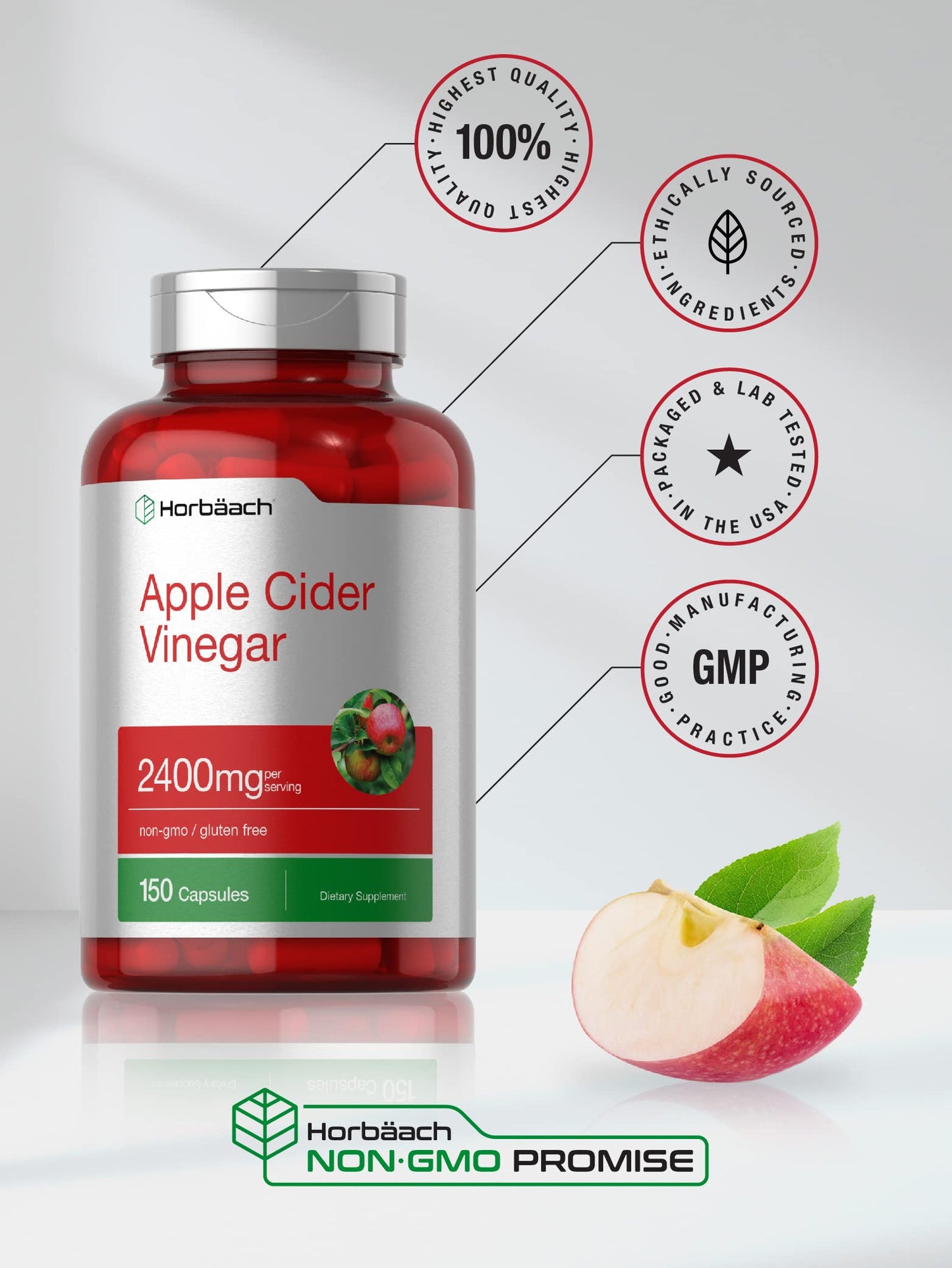 Horbäach Apple Cider Vinegar Capsules 2400mg, 150 Count