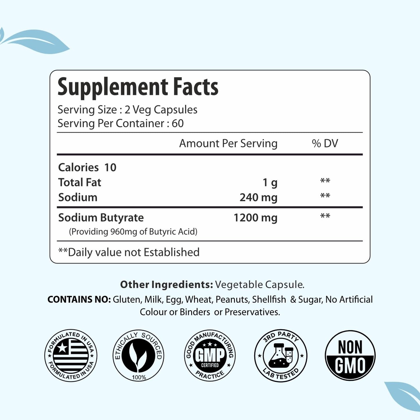ForestVibe Sodium Butyrate Supplement Capsules, 120 Count