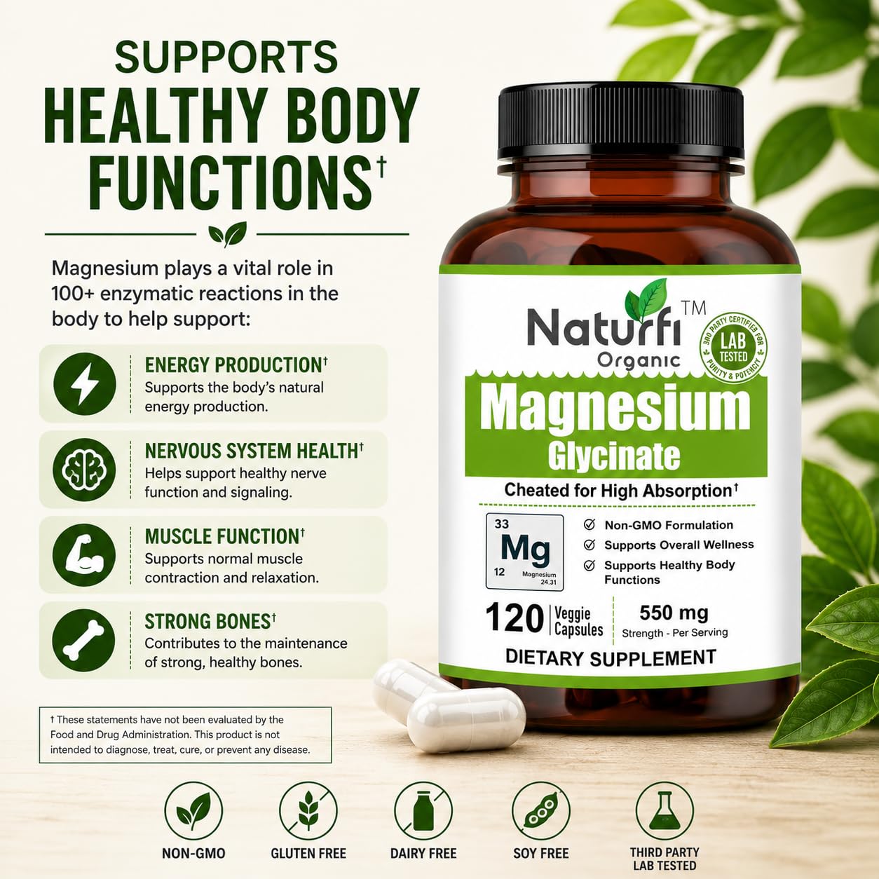 Naturfi Organic Magnesium Glycinate Capsules, 120 Count