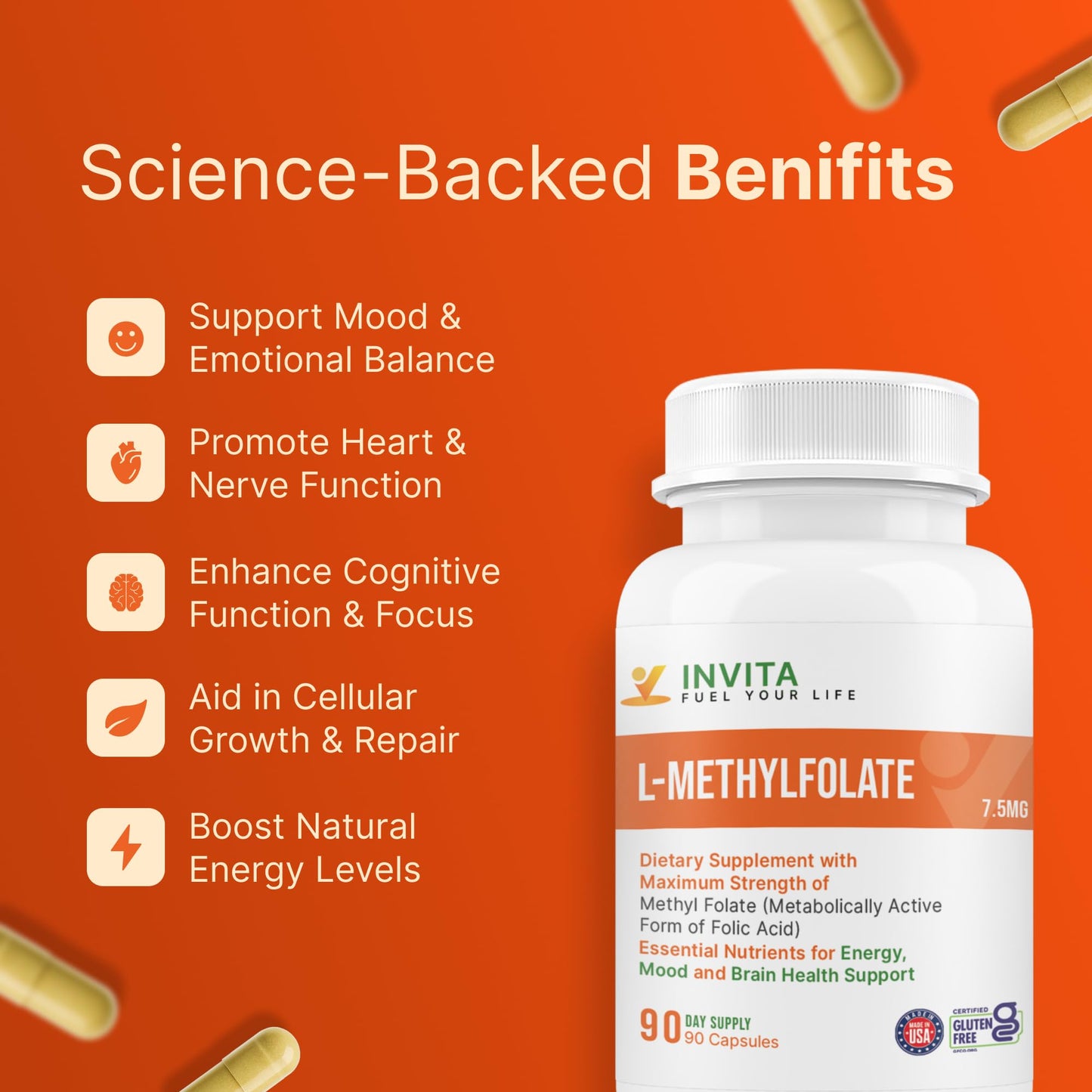 INVITA L-Methylfolate 7.5mg 5-MTHF Capsule, 90 Count
