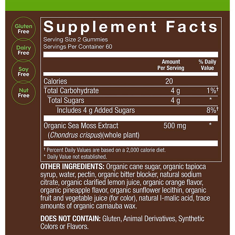 plnt Organic Sea Moss Gummies Daily Superfood Support Orange Pineapple, 120 Gummies