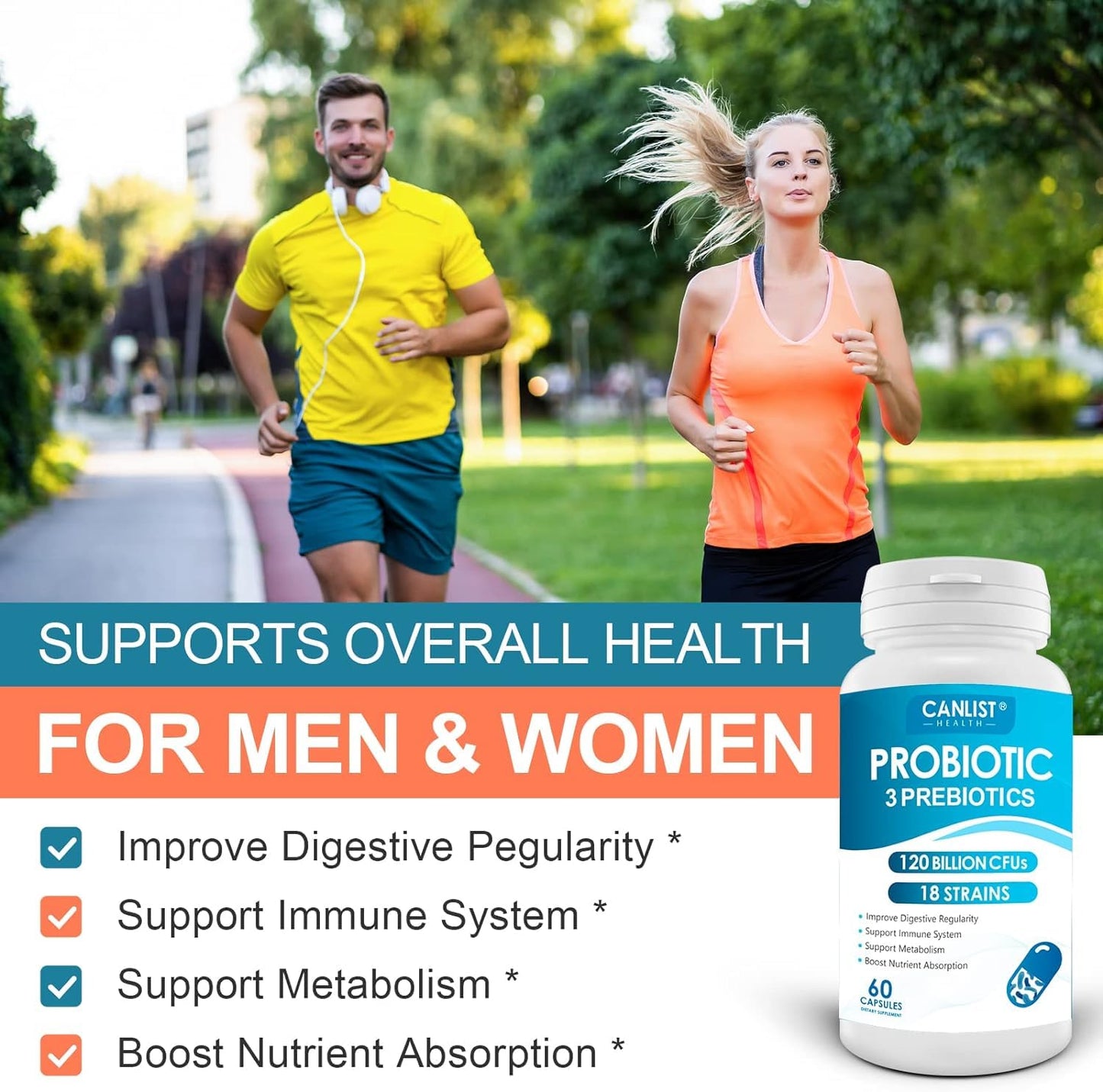 CANLIST Probiotics 120 Billion CFUs 18 Strains, 3 Prebiotics & Digestive Enzymes for Men Women, Digestive & Immune Support, Shelf Stable Non-GMO, 120 Capsules