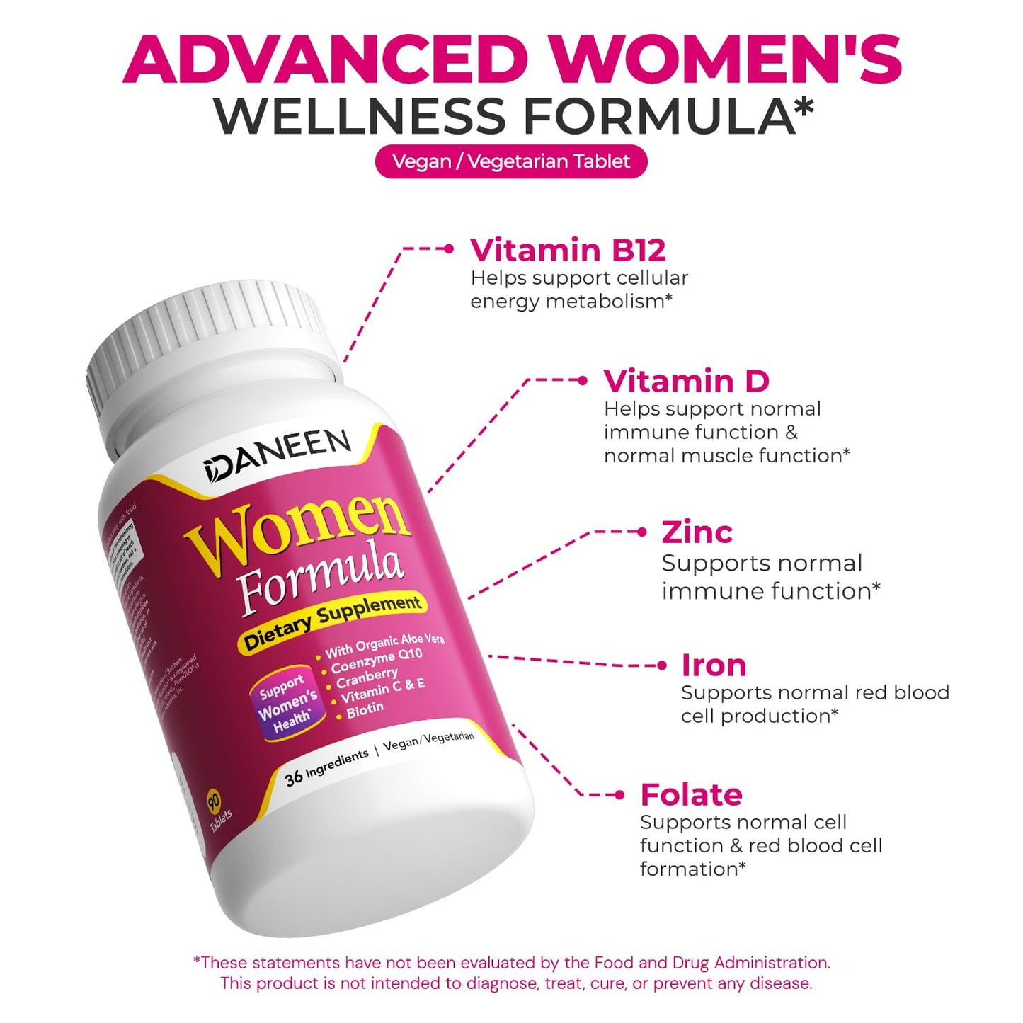 DANEEN Multivitamin for Women with Iron, Biotin, Zinc, B Complex, CoQ10, Cranberry & 36 Essential Vitamins 90 Tablets