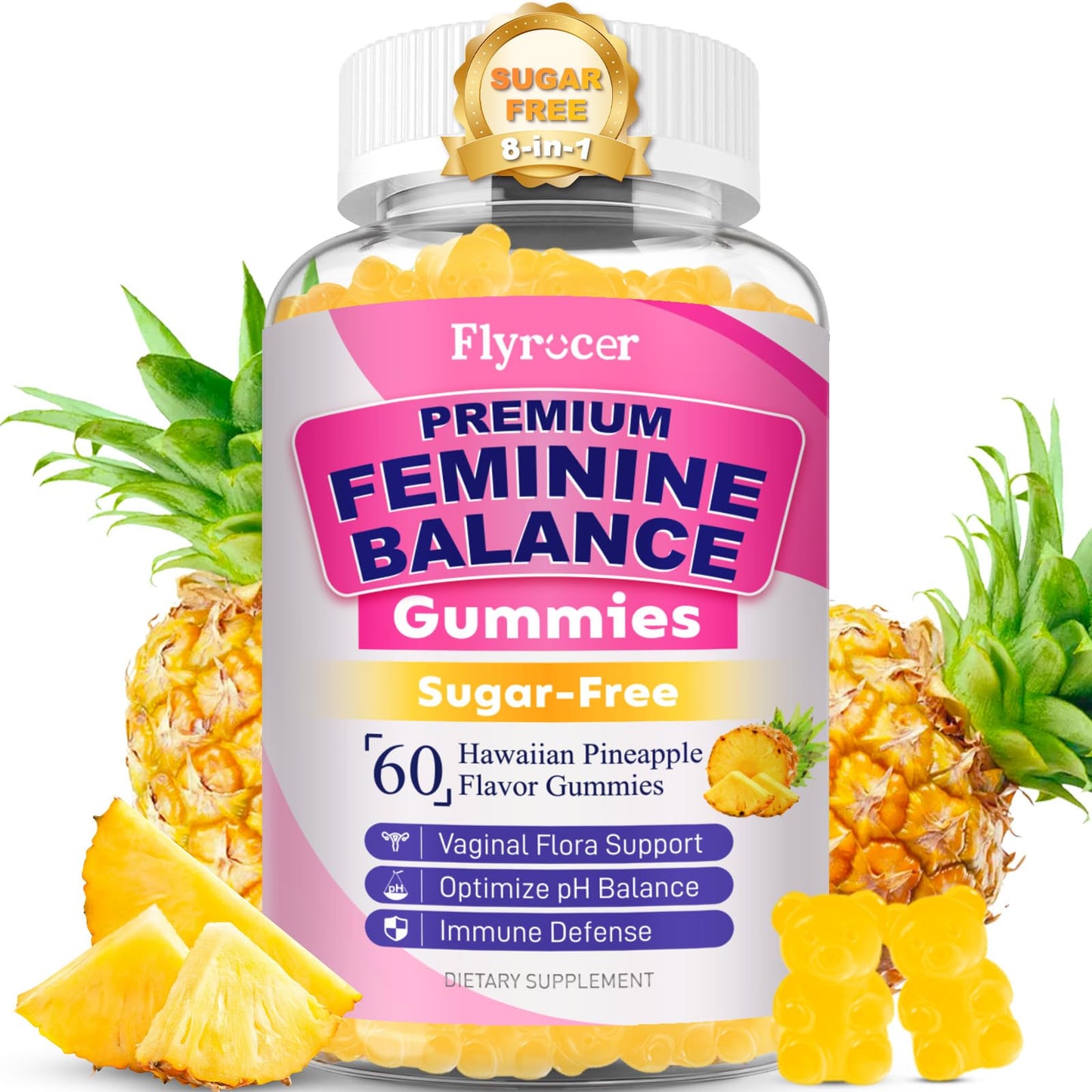 Flyrocer Feminine Balance Gummies for Women, Pineapple Flavor, 60 Count