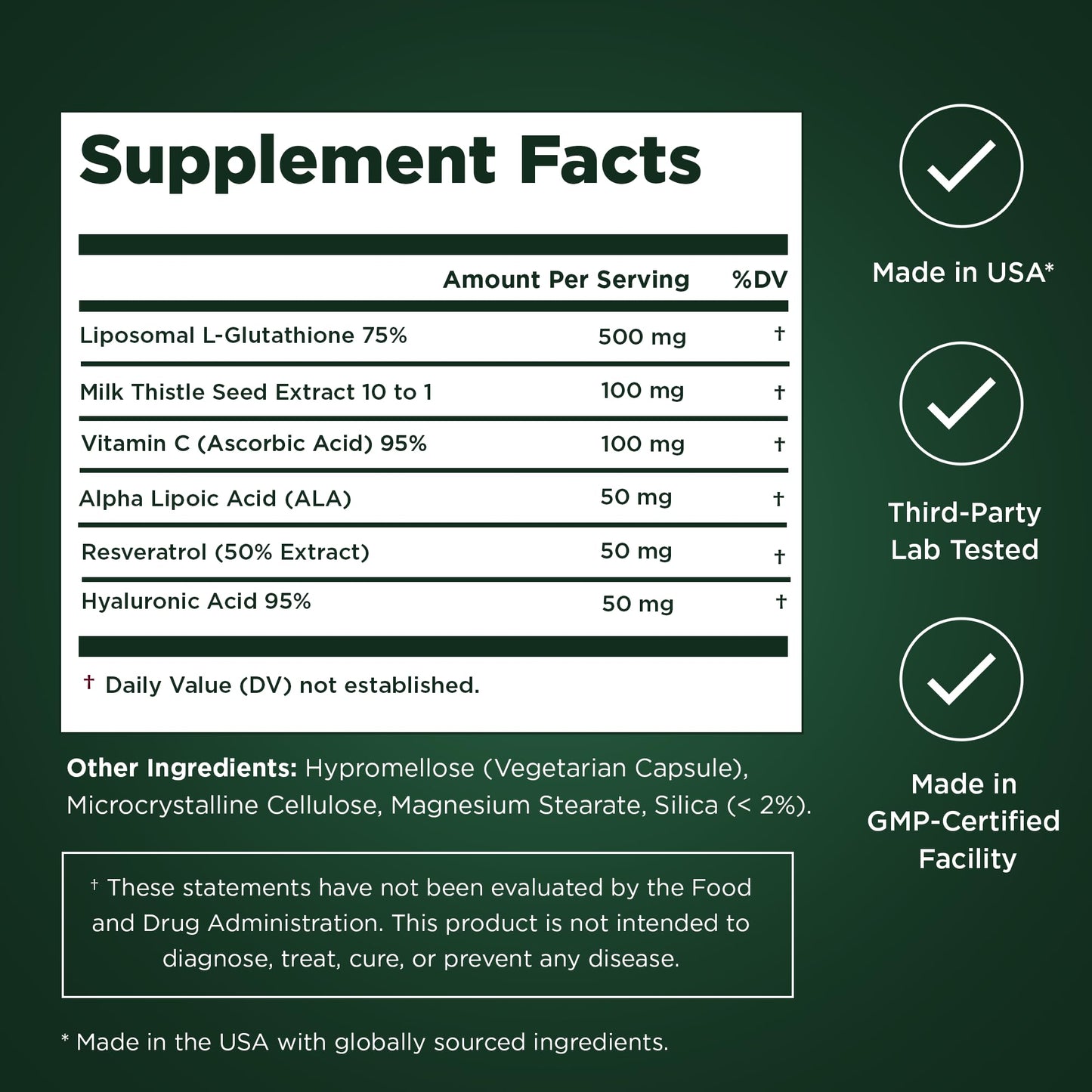 Premium Select Nutrition Liposomal Glutathione Capsules with Resveratrol & Milk Thistle Supplement for Men and Women - L-Glutathione, 60 Capsules