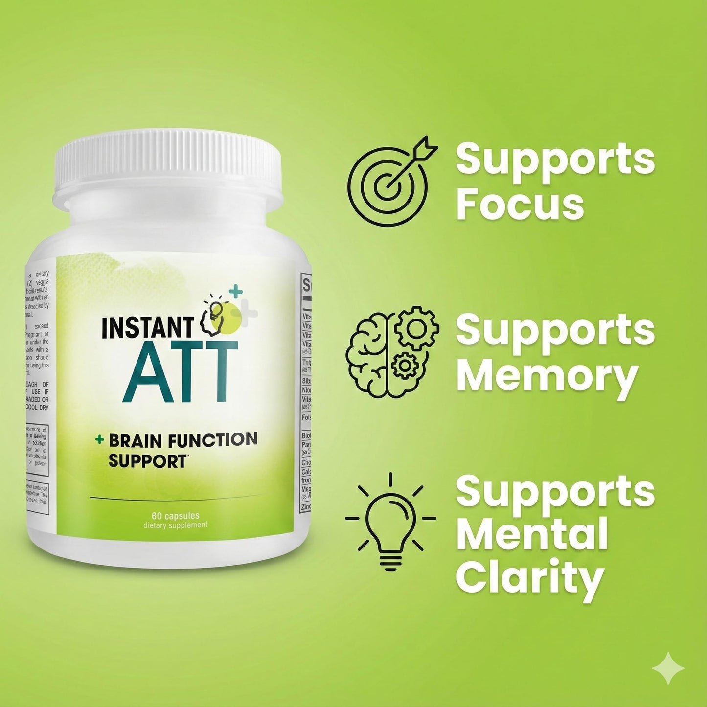 Instant Brands InstantATT - 7-in-1 Caffeine Free Nootropic All-Natural Brain, Focus, Memory Supplement Capsules 60 Count