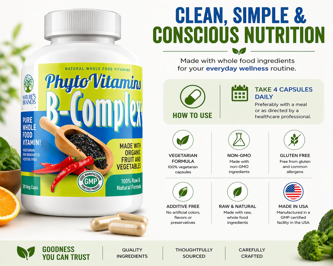 Nature's Brands Organic Whole Food Vitamin B-Complex by PhytoVitamins 120 Capsules