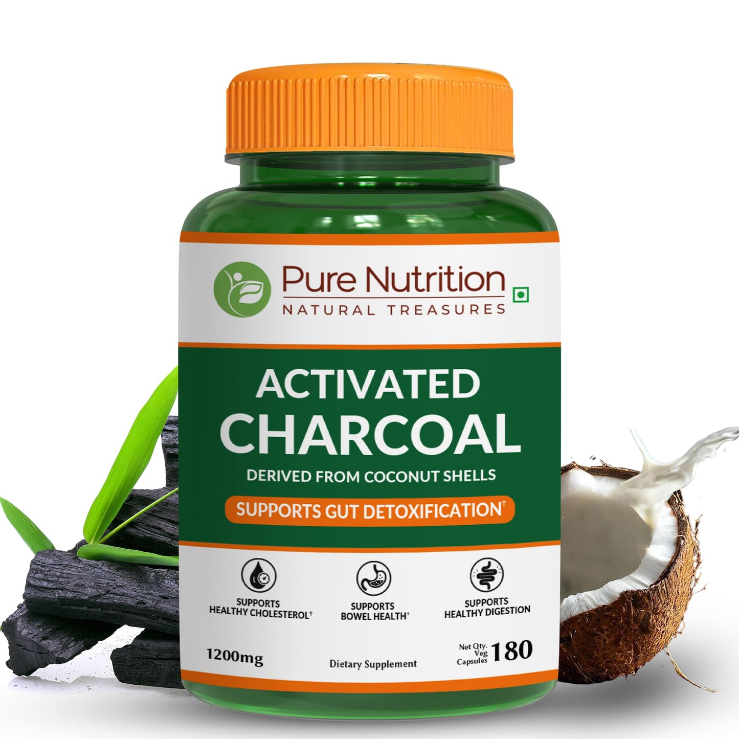 Pure Nutrition Natural Treasures Activated Charcoal 600mg - Coconut Shell Derived Capsules, 180 Capsules