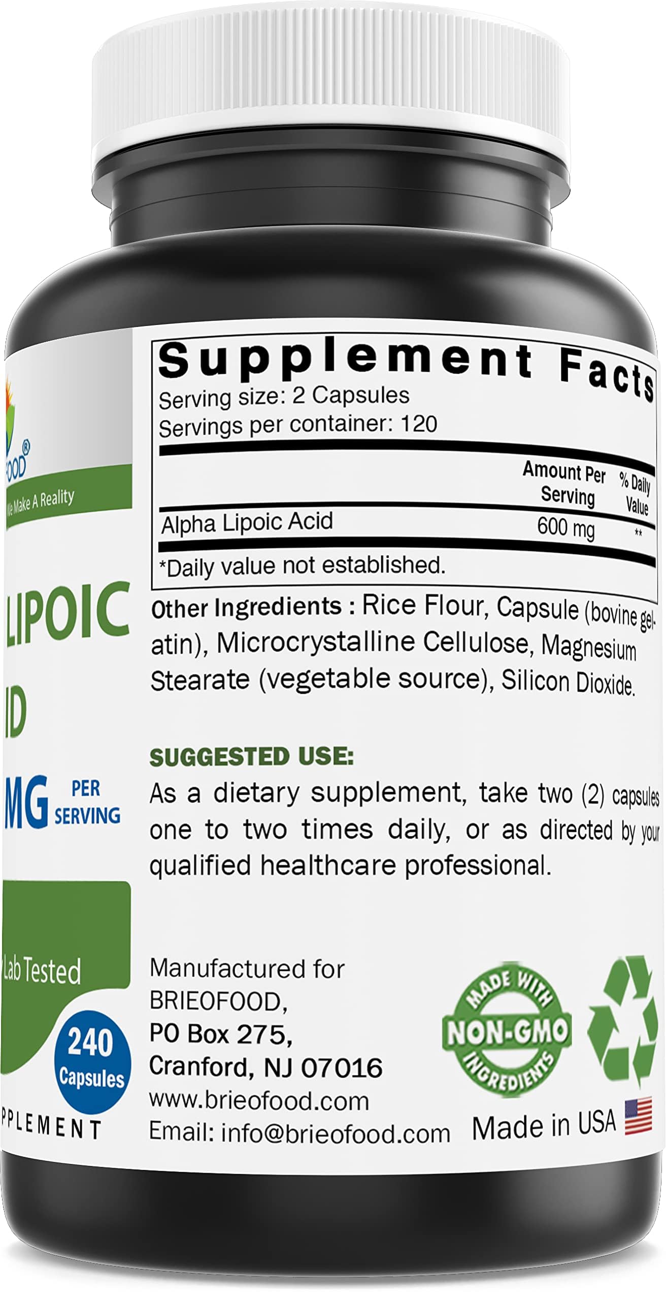 Brieofood Alpha Lipoic Acid 600mg Capsule, 240 Count, Non-GMO, Gluten Free
