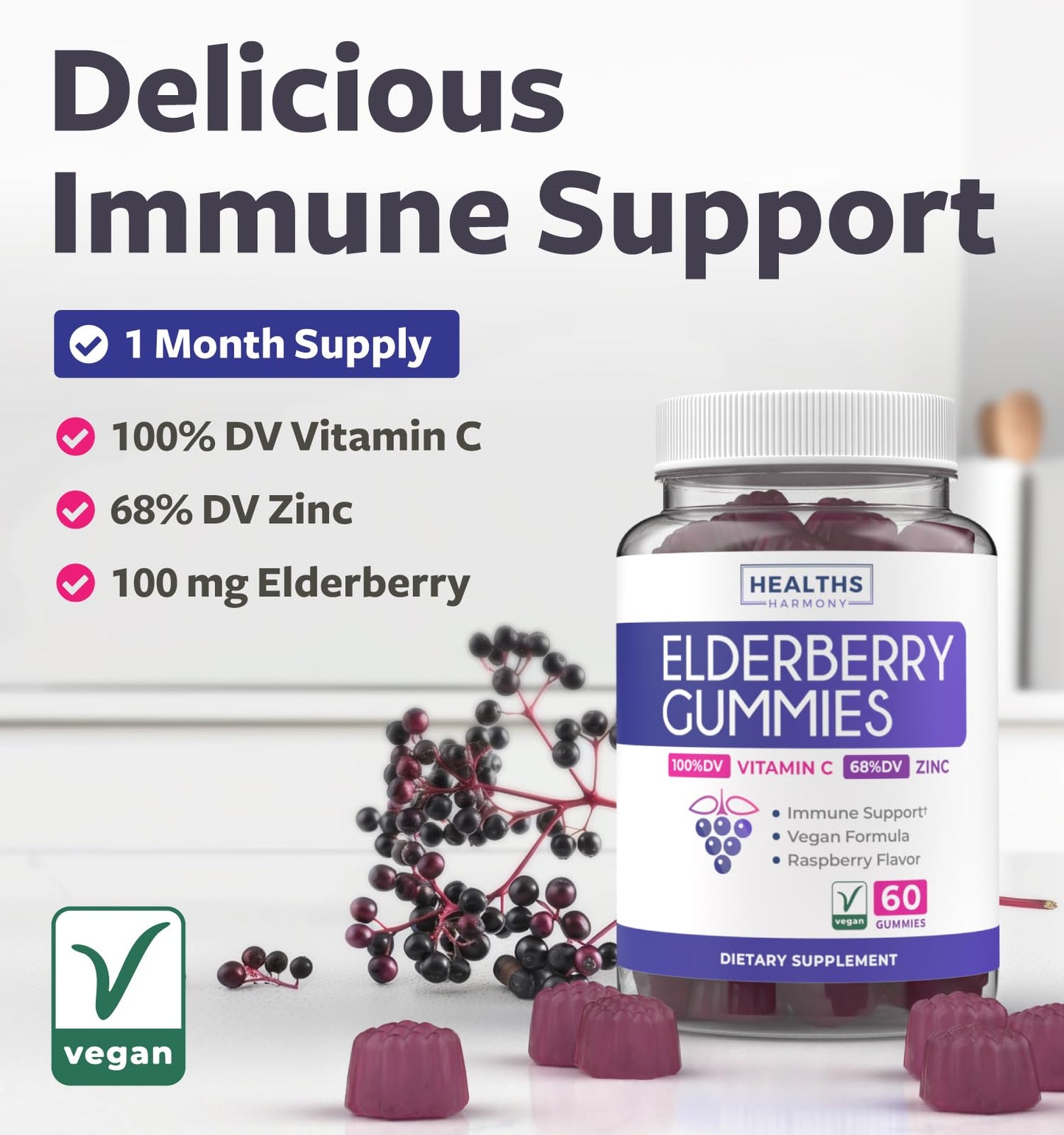 Healths Harmony Vegan Sambucus Elderberry Gummy 60 Count