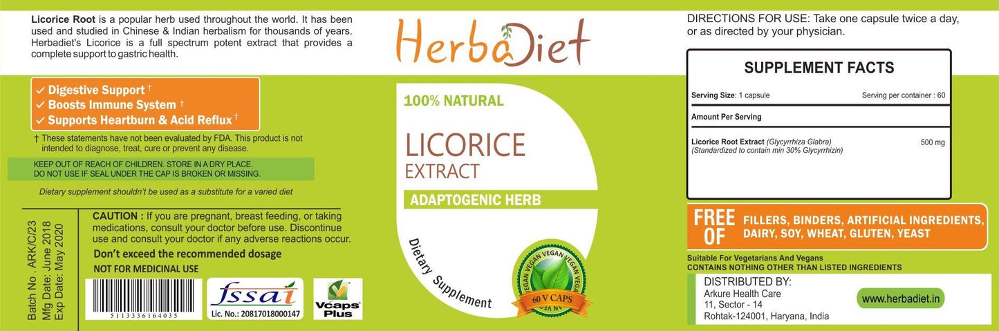 Herbadiet Licorice Root Extract Powder Capsules, 60 Count