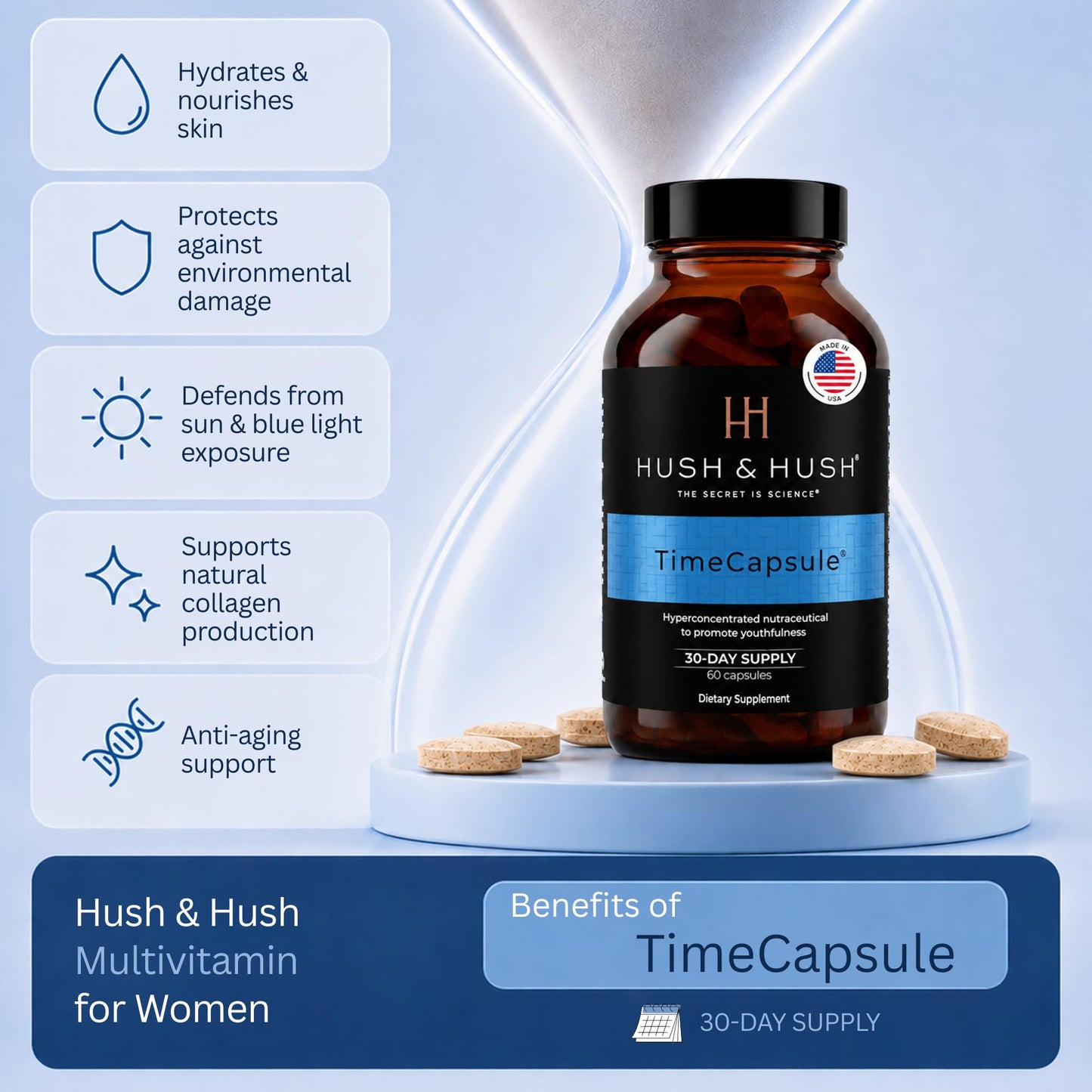 Hush & Hush Beauty Multivitamin for Women – Marine Collagen, Hyaluronic Acid, Vitamin C & B12 for Skin Glow & Energy Capsule, 1 Count