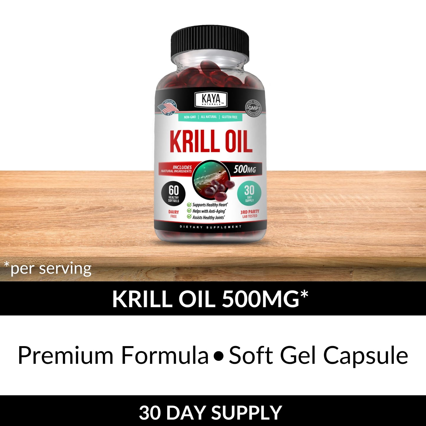 Kaya Naturals Antarctic Krill Oil 500mg with Omega-3 EPA/DHA, Phospholipids & Astaxanthin Softgels, 60 Count