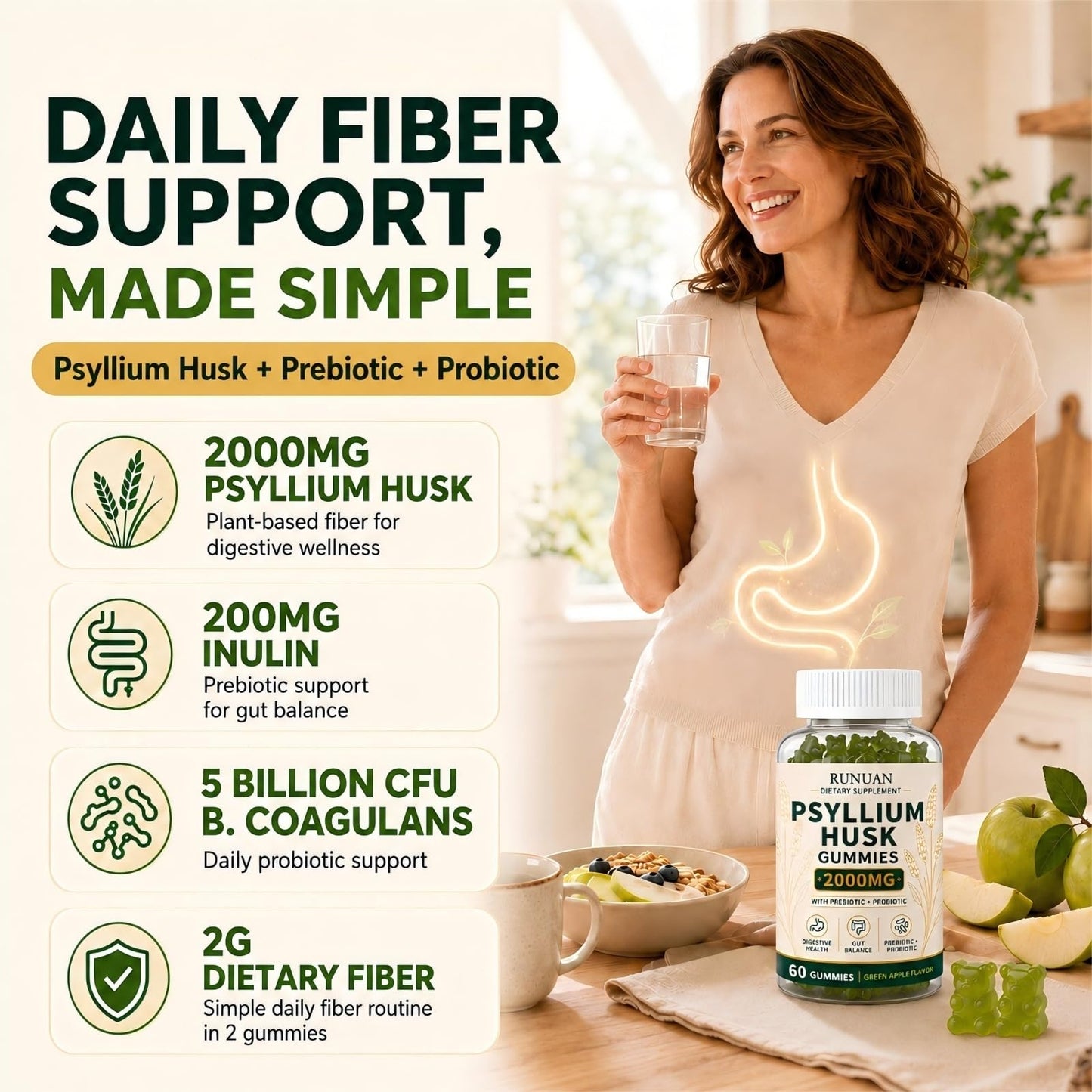 RUNUAN Psyllium Husk Gummies 2000mg with Probiotics, Inulin, Sugar Free, 60 Count