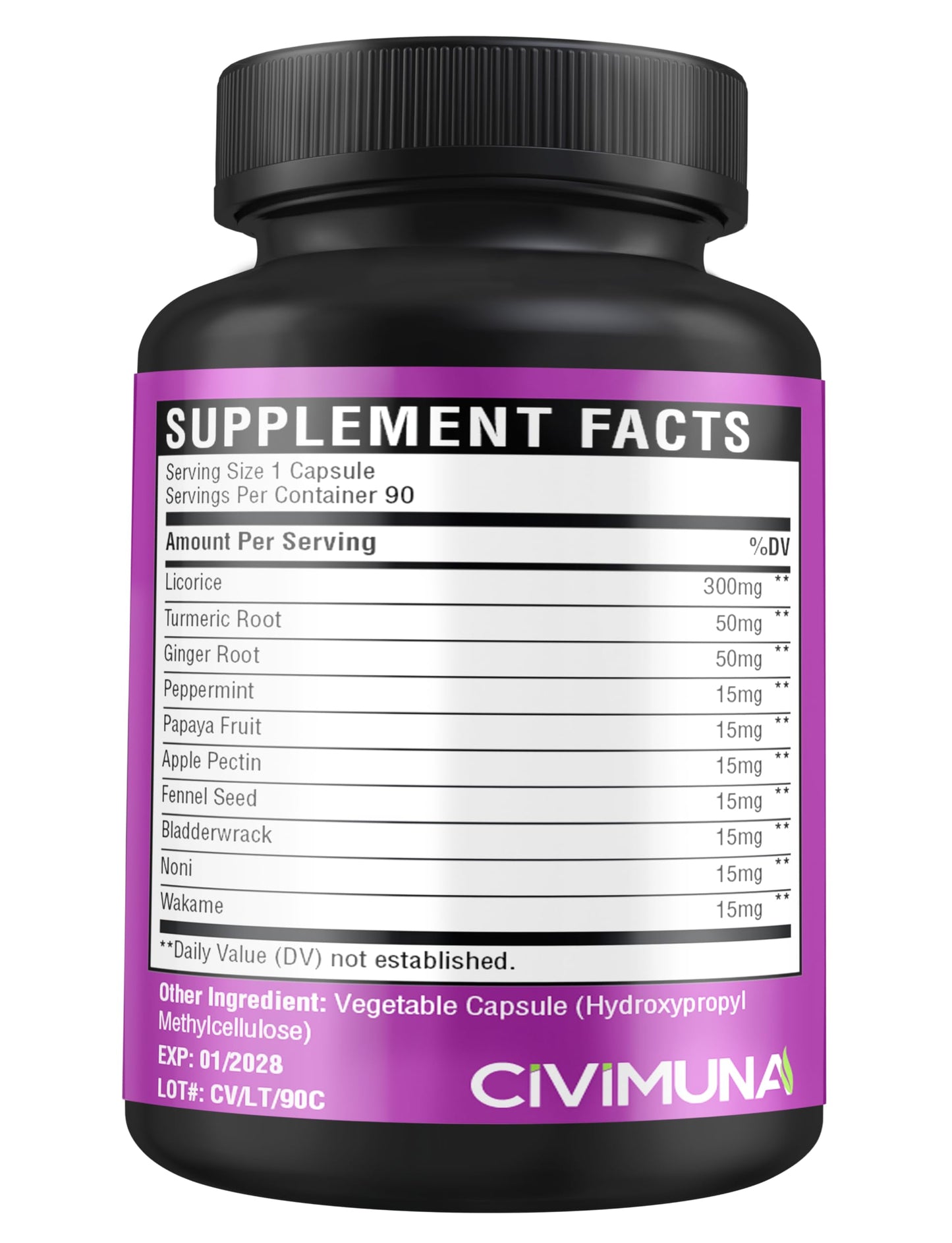 CIVIMUNA Licorice Root Capsules with Turmeric Root, Ginger Root, Peppermint Leaf & Papaya Fruit, 90 Capsules
