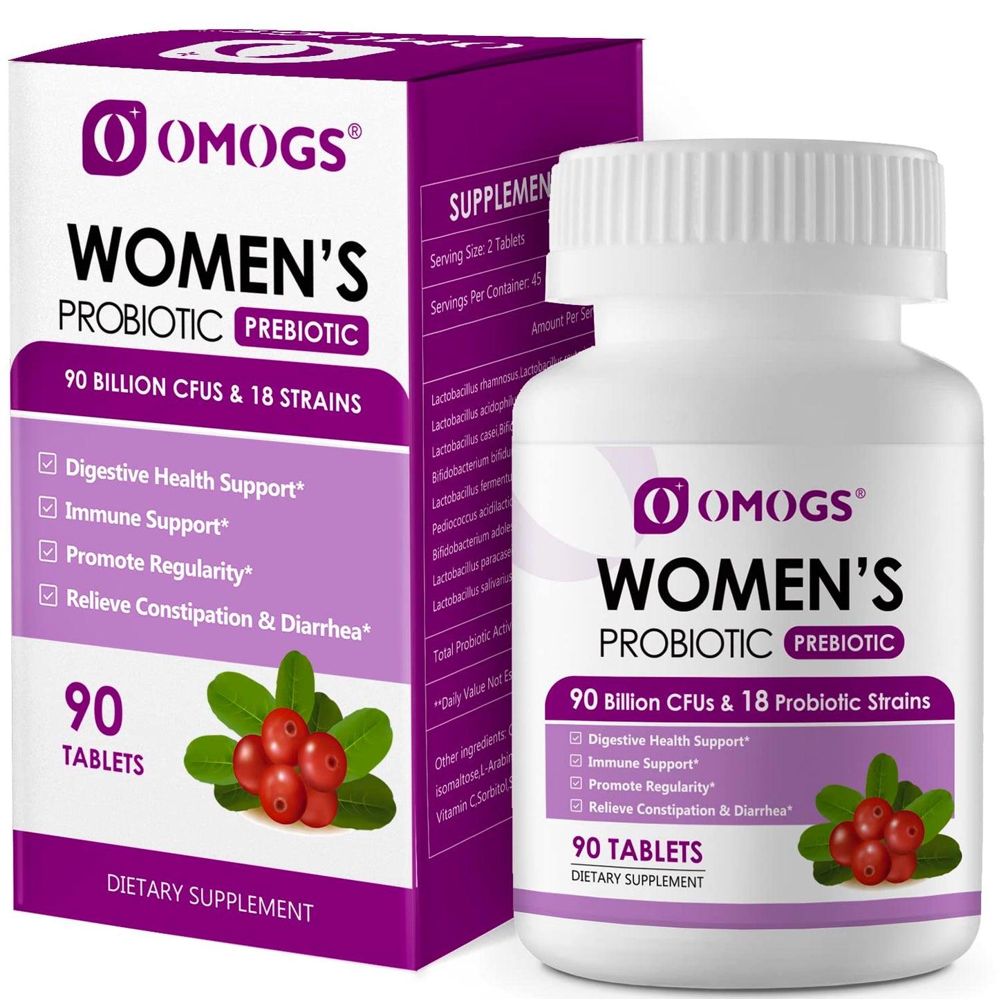 OMOGS Women's Probiotic with Cranberry Extract, Organic Prebiotics & Vitamin C, 90 Billion CFUs, 18 Strains, 90 Tablets