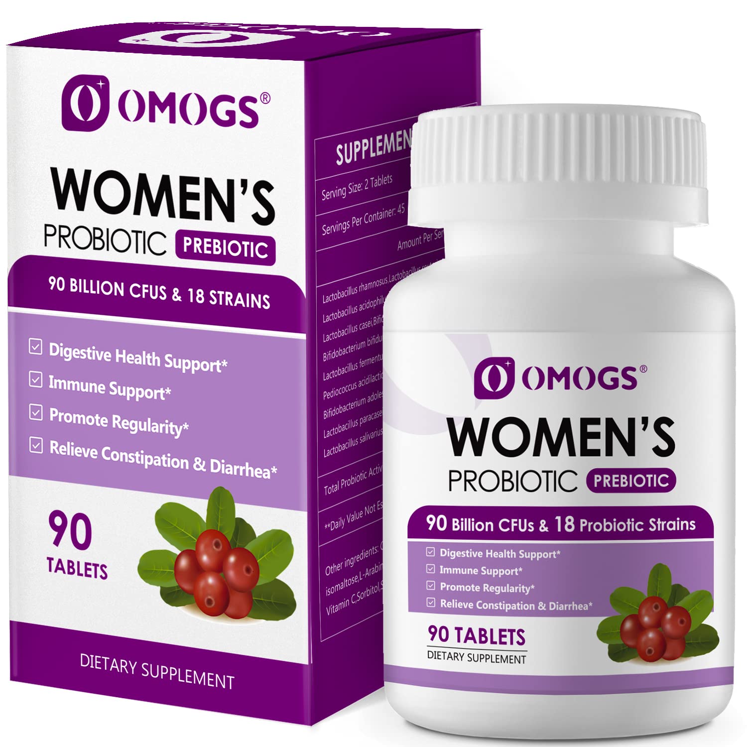 OMOGS Women's Probiotic with Cranberry Extract, Organic Prebiotics & Vitamin C, 90 Billion CFUs, 18 Strains, 90 Tablets