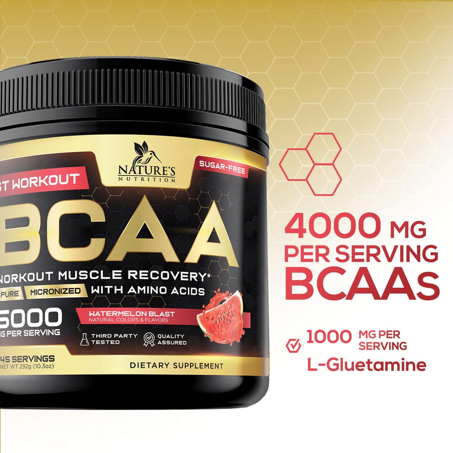 Nature's Nutrition BCAA Powder with L-Glutamine & Amino Acids, Watermelon, 10.3 Ounce
