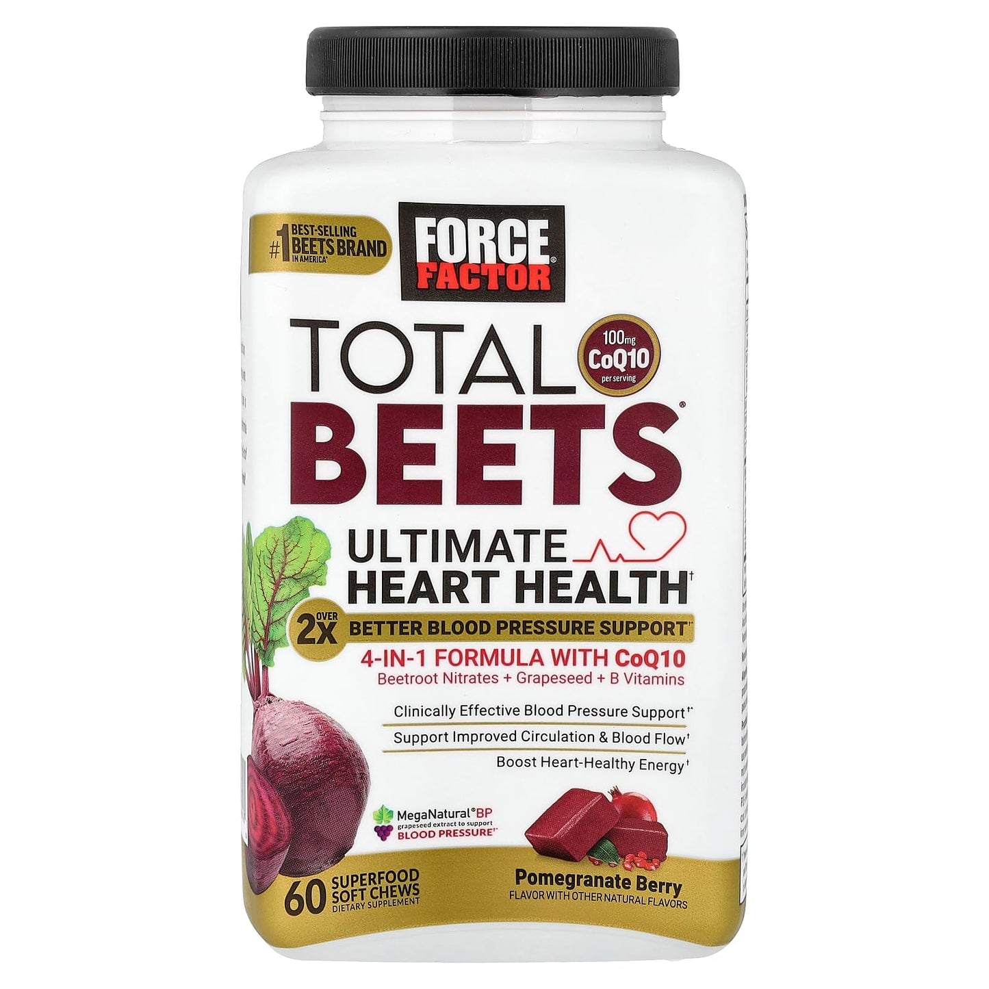 Force Factor Total Beets Ultimate Heart Health Chews for Blood Pressure Support, with Beetroot Powder, CoQ10, B Vitamins & Grapeseed Extract for Blood Flow & Energy, Pomegranate Berry, 60 Soft Chews