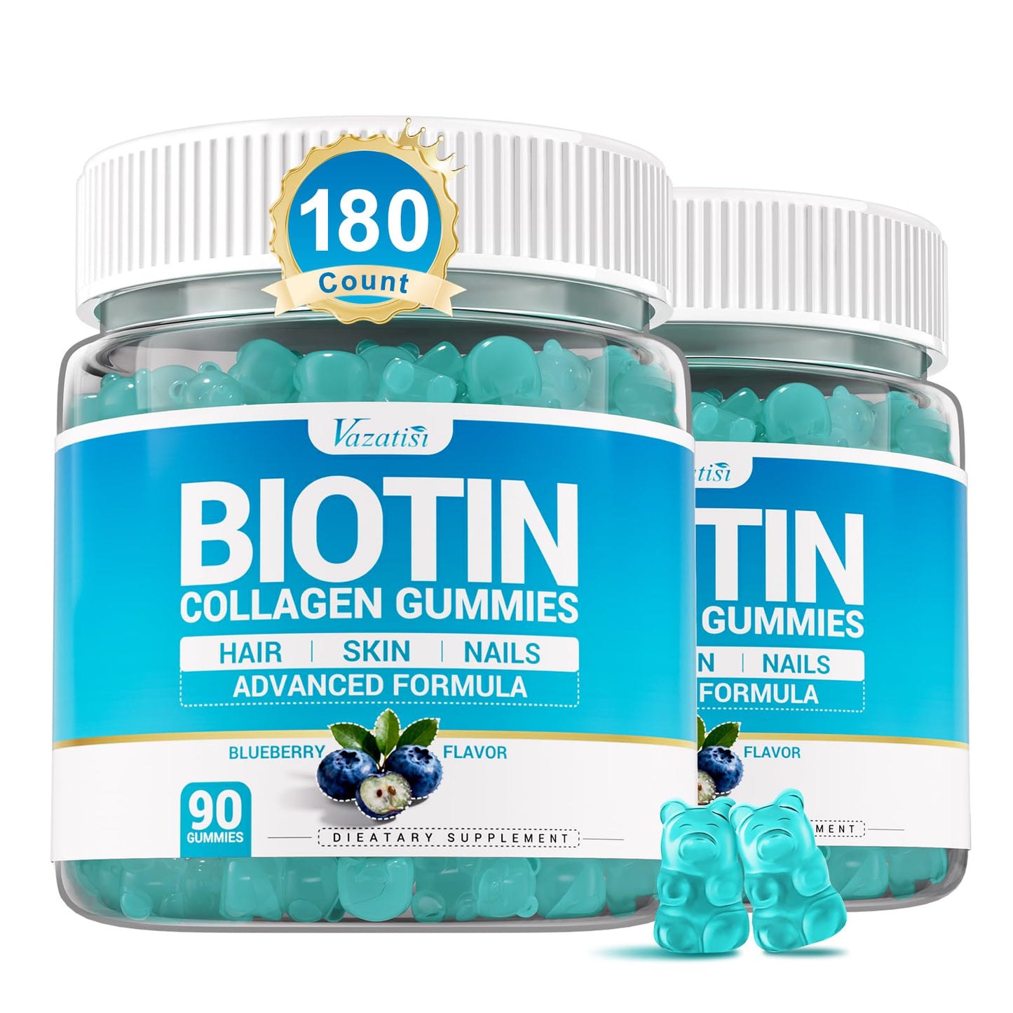 Vazatisi Biotin Gummies 15,000 mcg with Collagen & Keratin – 13-in-1 Hair Skin & Nails Gummies for Women & Men, Hair Growth, Sugar Free Non-GMO, Blueberry, 180 Gummies
