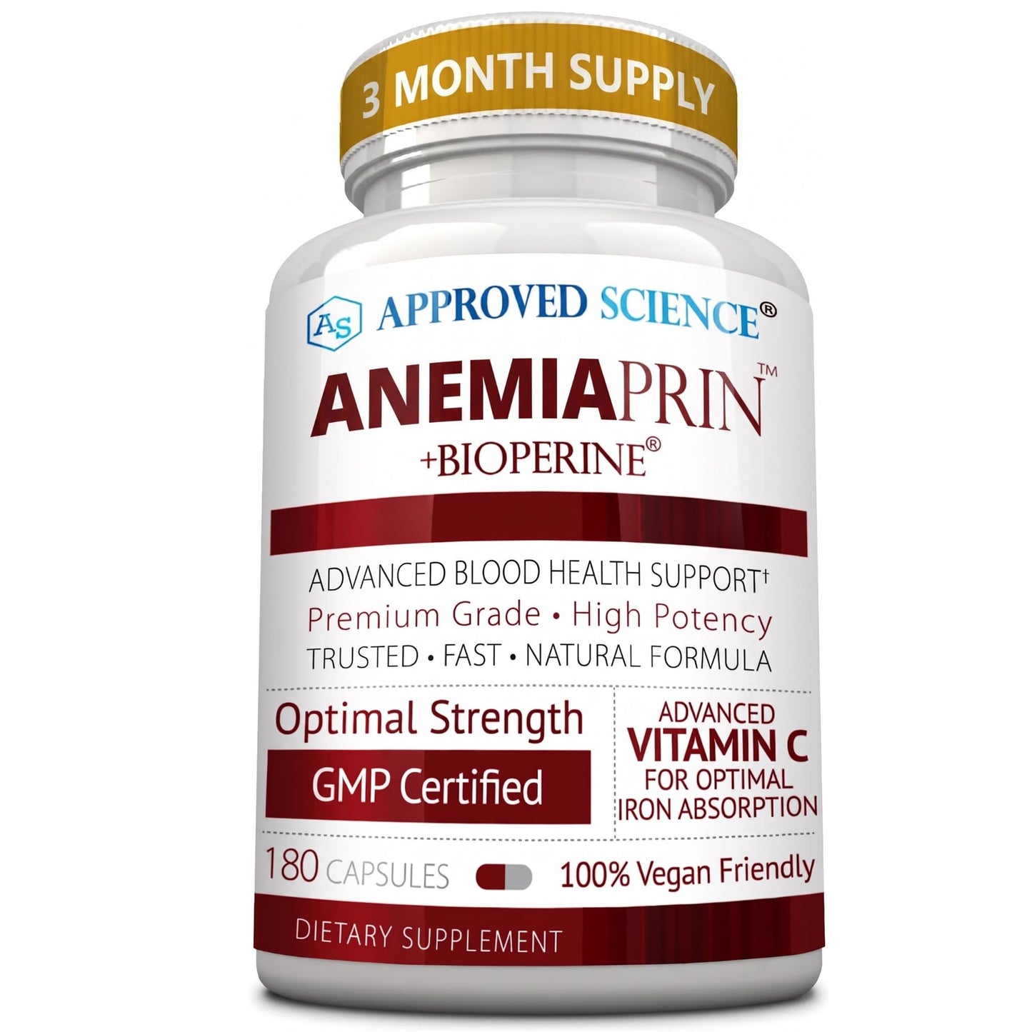 Approved Science Anemiaprin Iron Bisglycinate with Vitamin C, Gentle on Stomach, Non-Constipating Iron Supplement with Folate and B12, Vegan, 180 Capsules