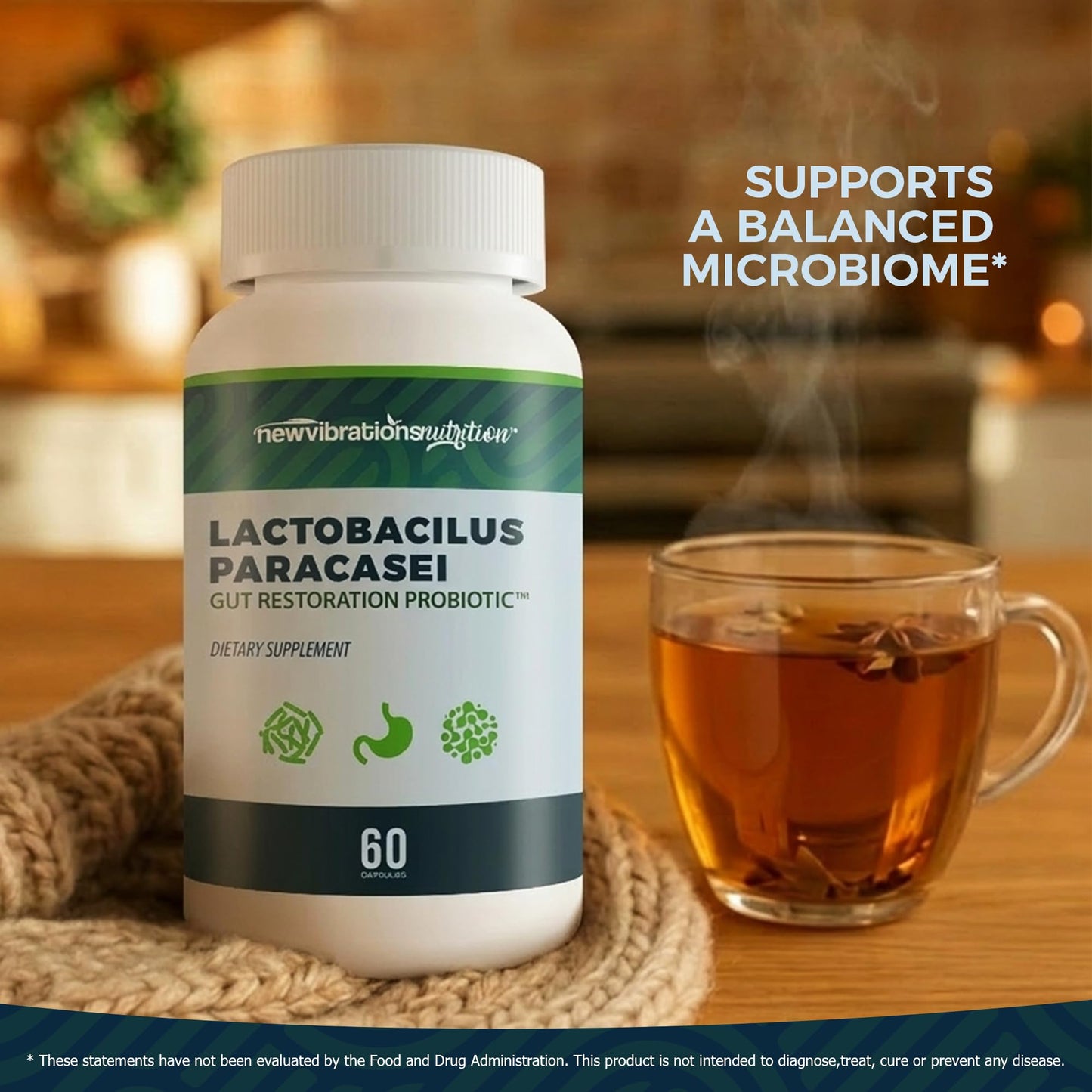 New Vibrations Nutrition Lactobacillus Paracasei Gut Restoration Probiotic Capsules, 60 Count