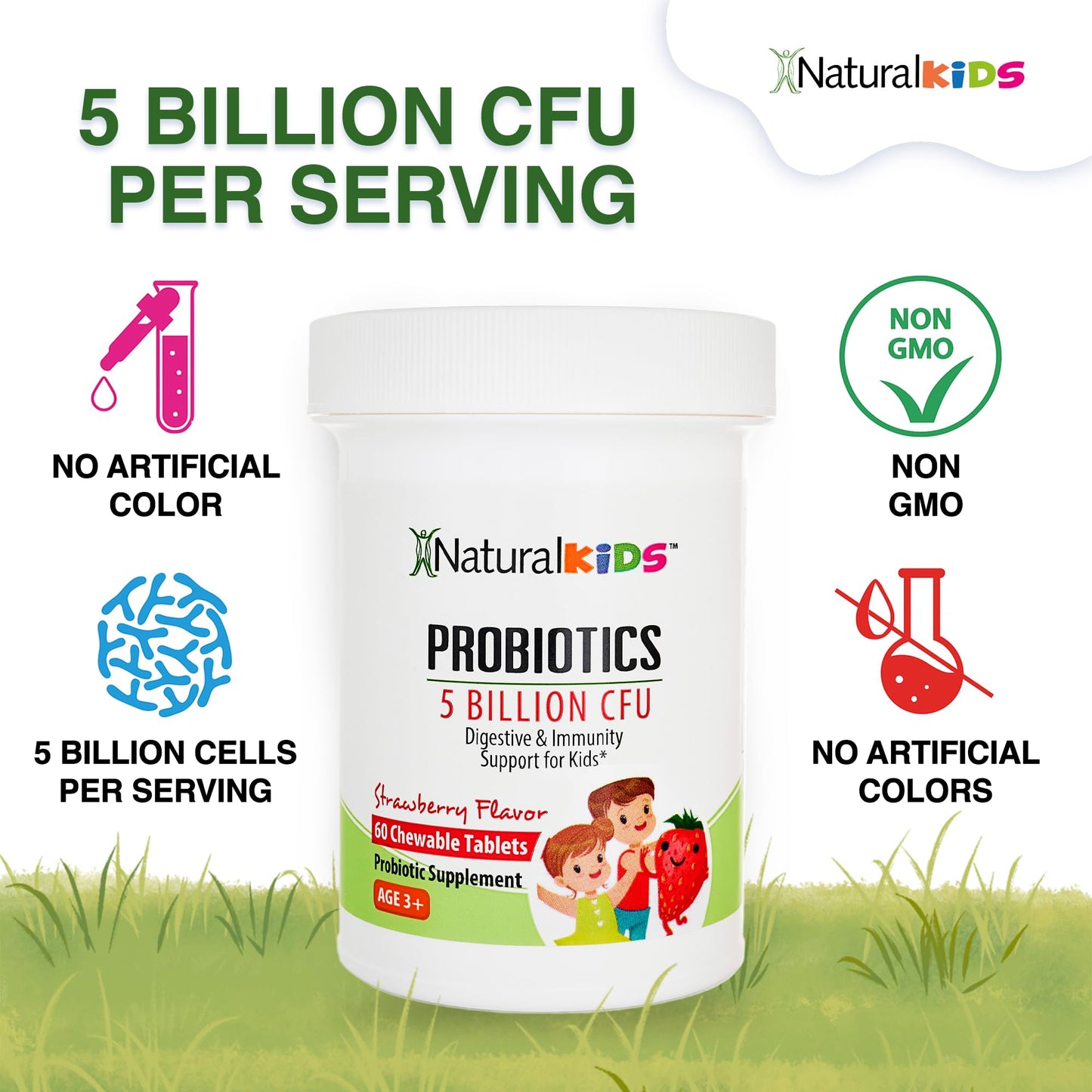 NaturalKids NaturalSlim Kids Probiotics for Digestive & Gut Health, Immune Support, 5 Billion CFU with LGG, BB-12 & 4 Probiotic Strains, 35 mg Calcium, for Children Ages 3+, Strawberry Flavor, 60 Chewable Tablets
