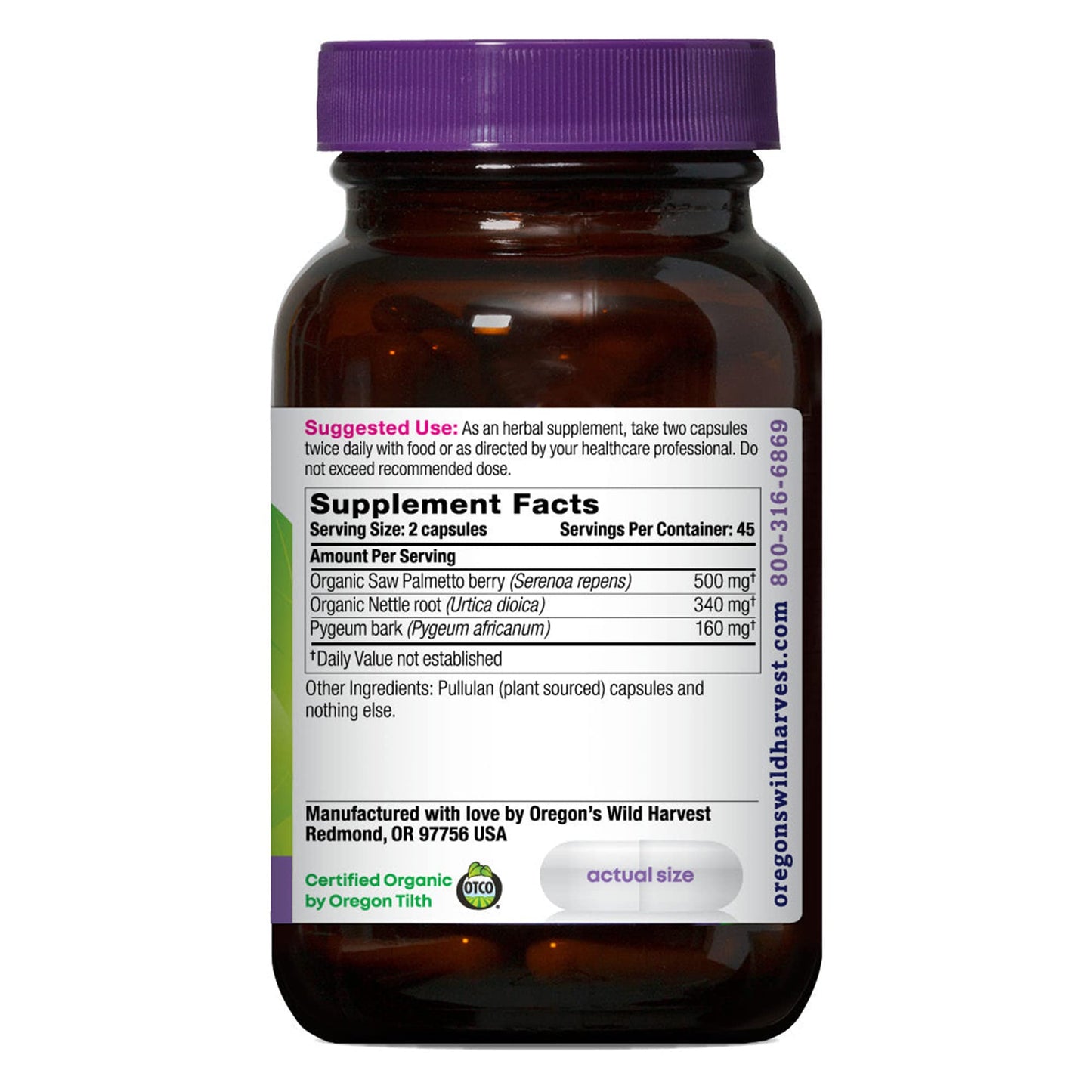 Oregon's Wild Harvest Organic Saw Palmetto Pygeum Herbal Supplement Capsules - 90 Count