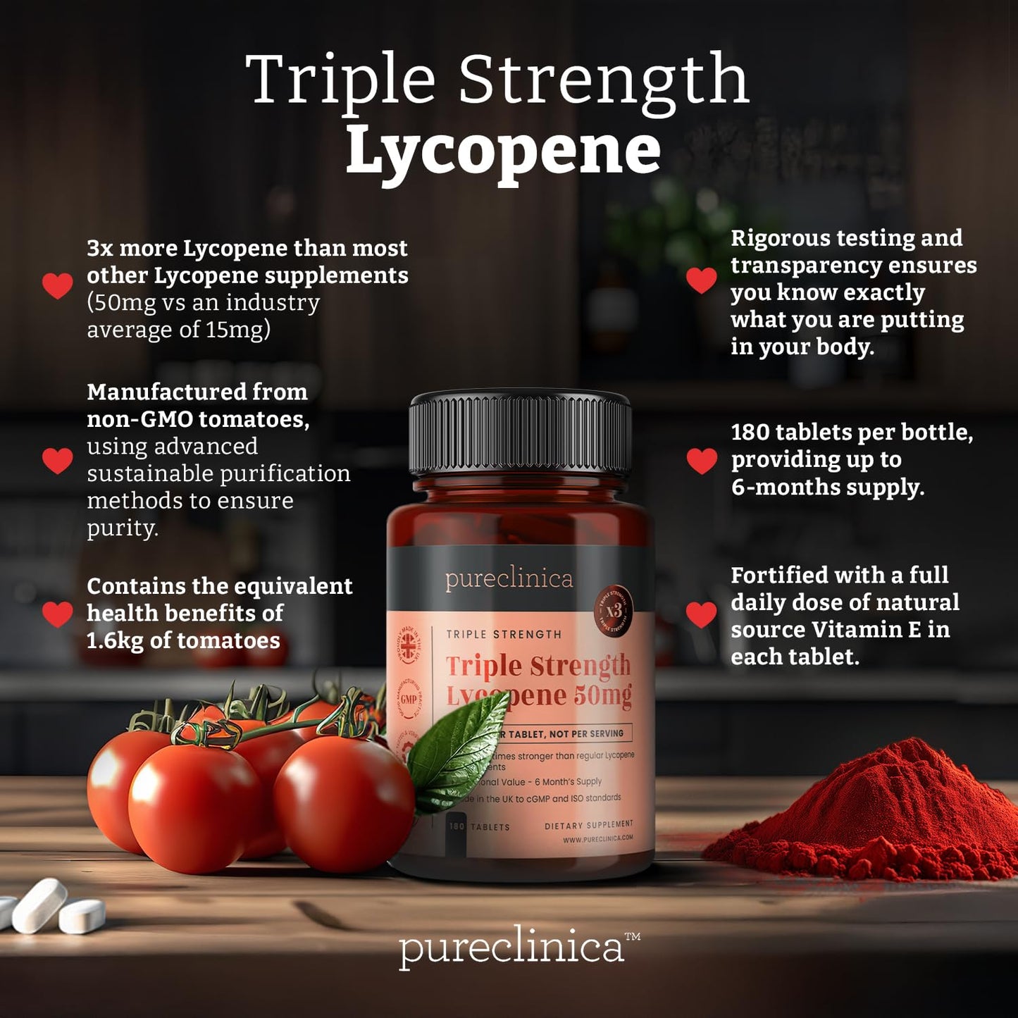 pureclinica Lycopene Supplement 50mg – High Strength Tomato Extract Antioxidant Tablet, 360 Tablets