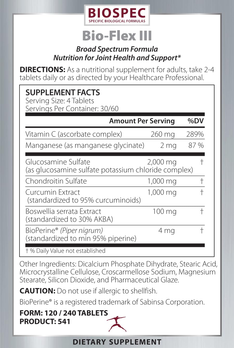 BIOSPEC NUTRITIONALS Bio-Flex III Joint Support Supplement – Glucosamine, Chondroitin, Curcumin, Boswellia, Vitamin C & Manganese with BioPerine® 240 Tablets