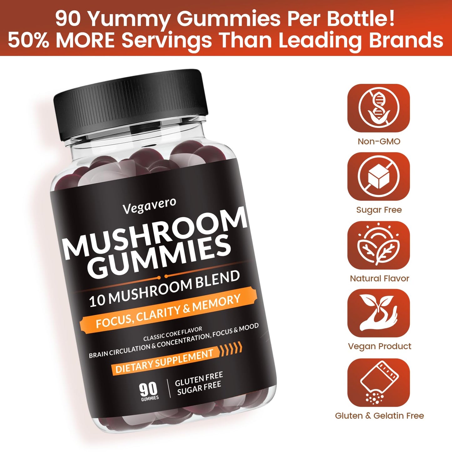 Vegavero Mushroom Gummies - 10x Mushroom Blend - Mushroom Complex - Mushroom Supplement 90 Count
