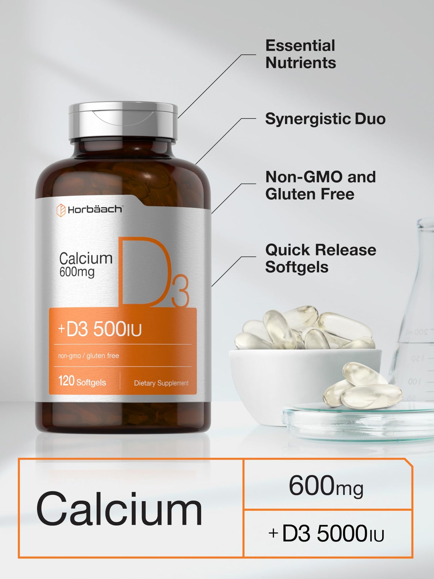Horbäach Calcium Supplement with Vitamin D3 600 mg Softgels, 120 Count