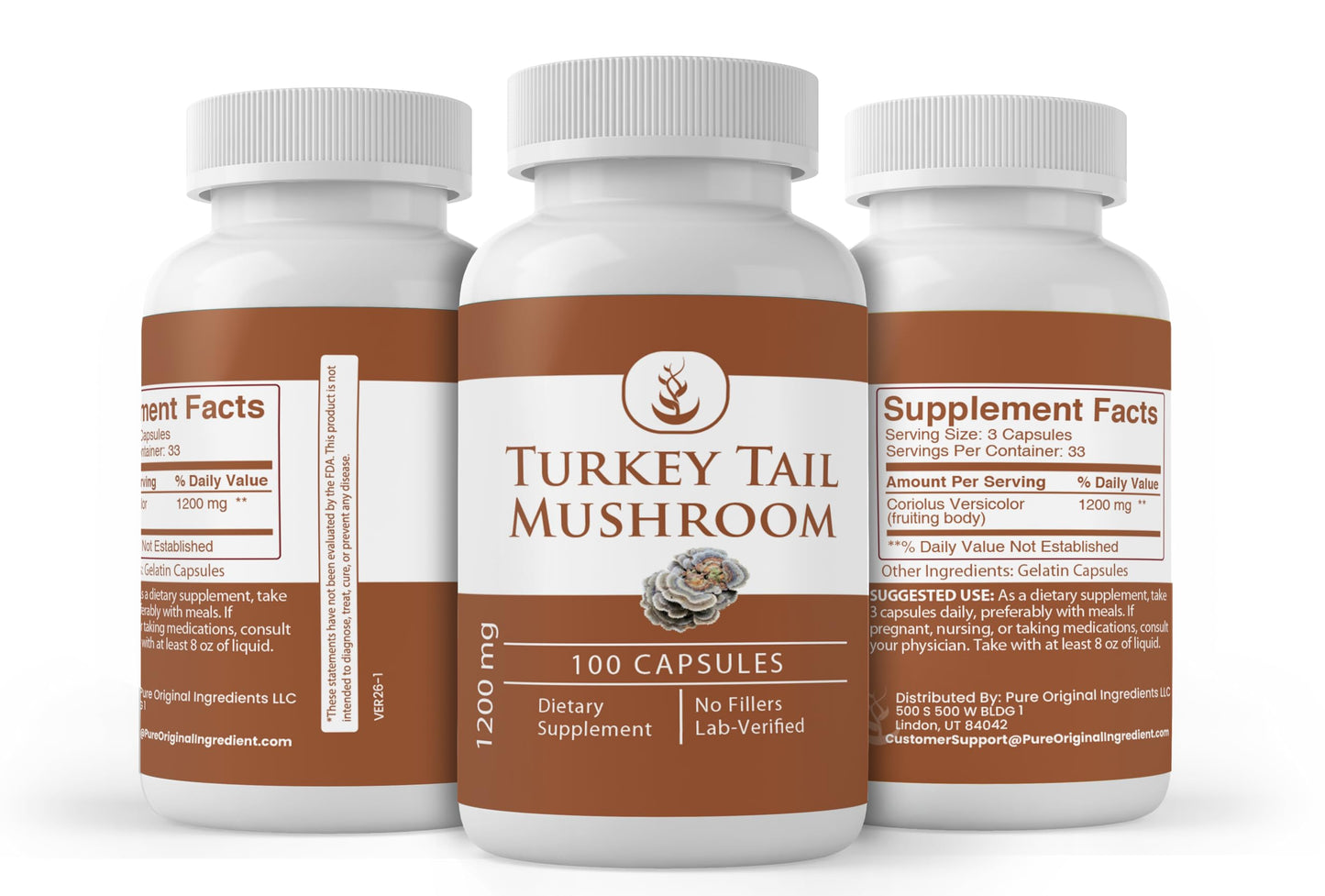 PURE ORIGINAL INGREDIENTS Turkey Tail Mushroom Capsules 100