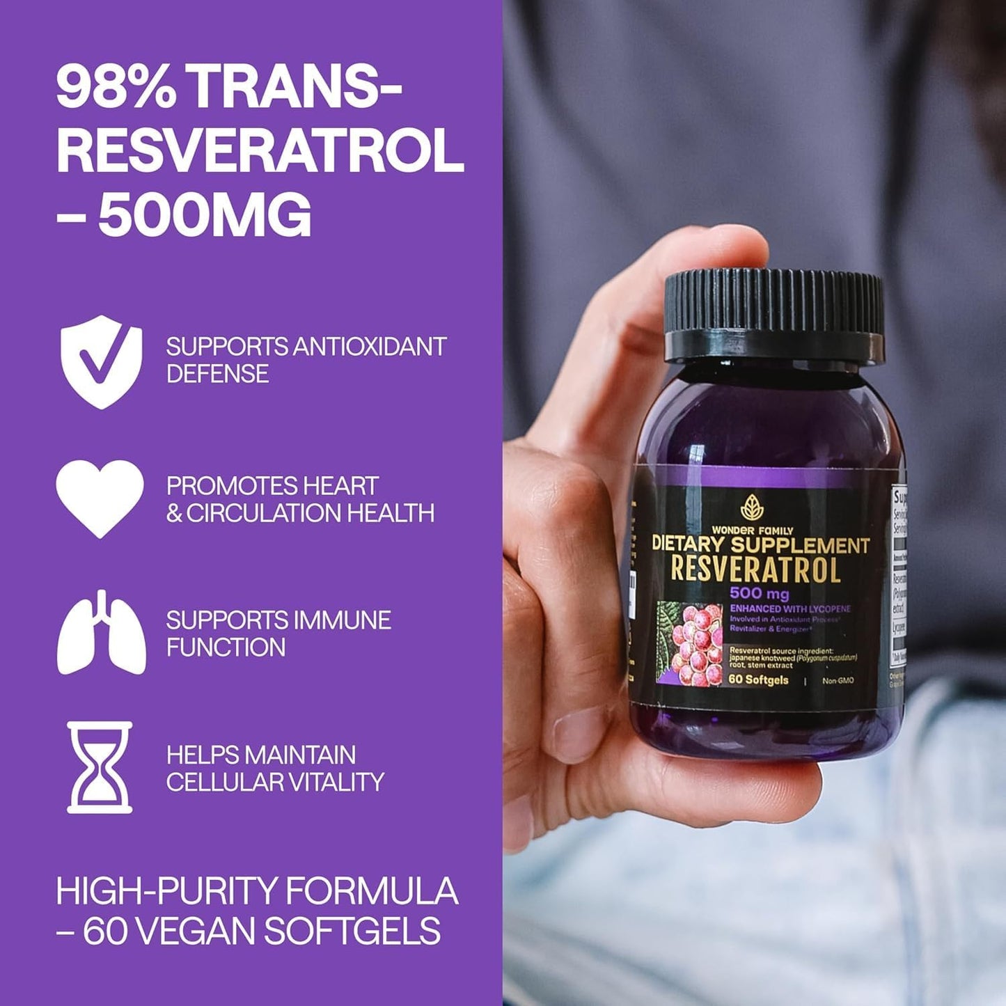 WONDER FAMILY Resveratrol Supplement 500mg – 98% Trans Resveratrol Organic Complex – NAD Resveratrol Antioxidants & Anti Aging Supplement for Heart Health, Wellness Formula, Healthy Cell Support Softgels 120