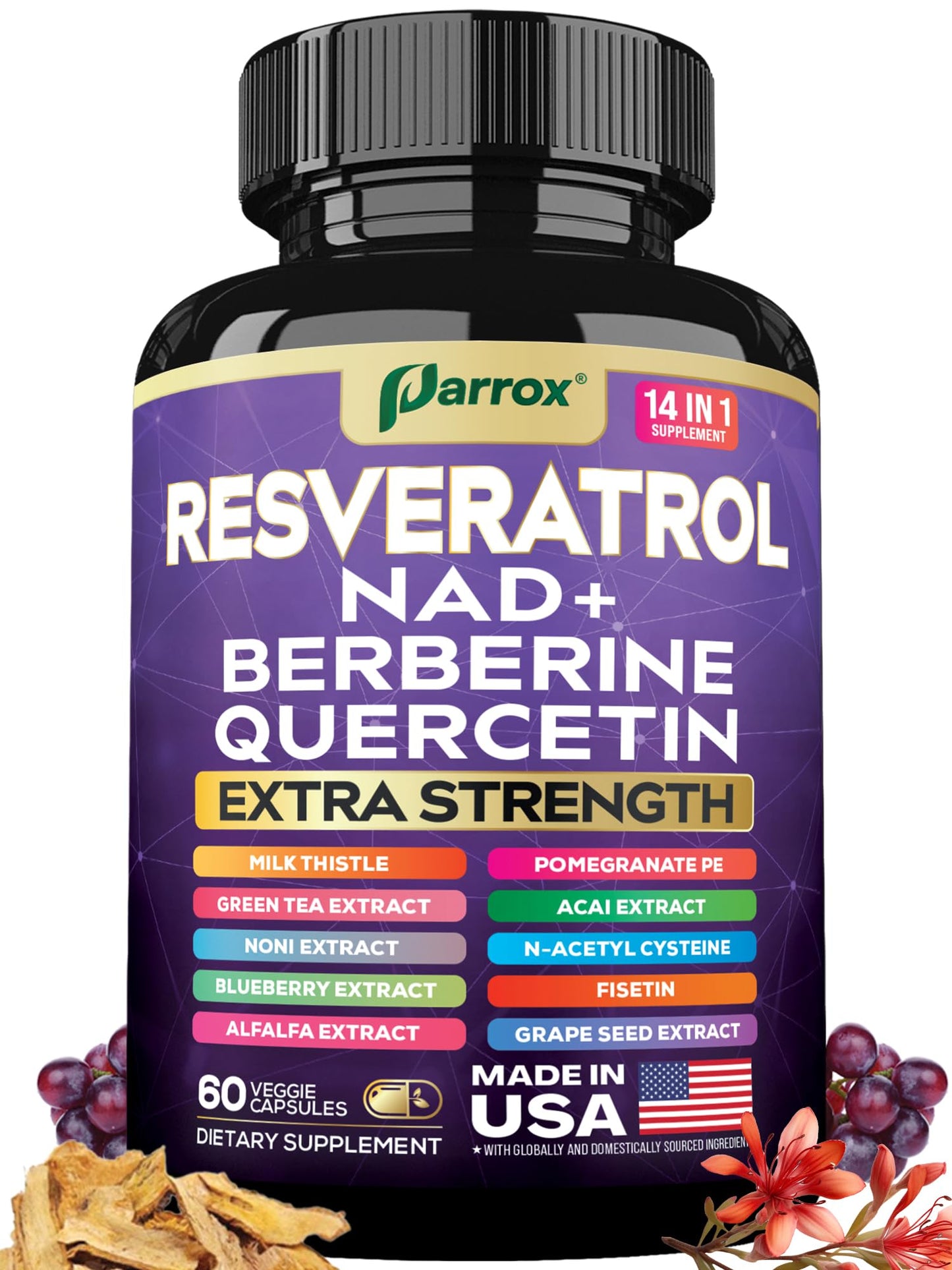 Parrox Resveratrol Supplement, 14-in-1 NAD, Berberine & Quercetin Capsule, 60 Count