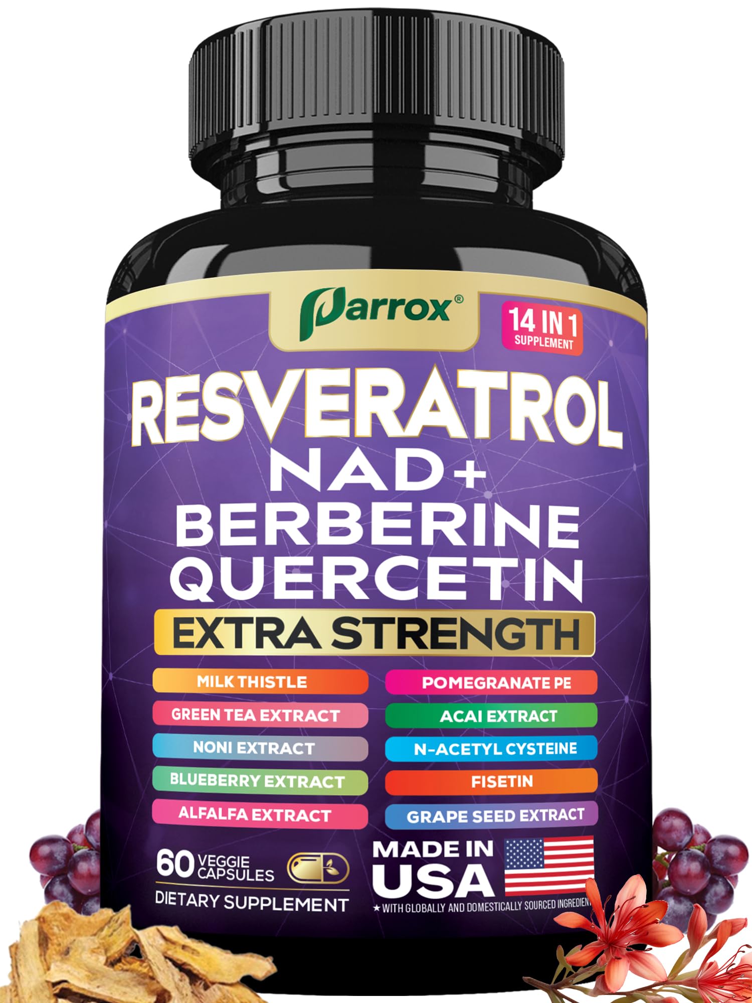 Parrox Resveratrol Supplement, 14-in-1 NAD, Berberine & Quercetin Capsule, 60 Count