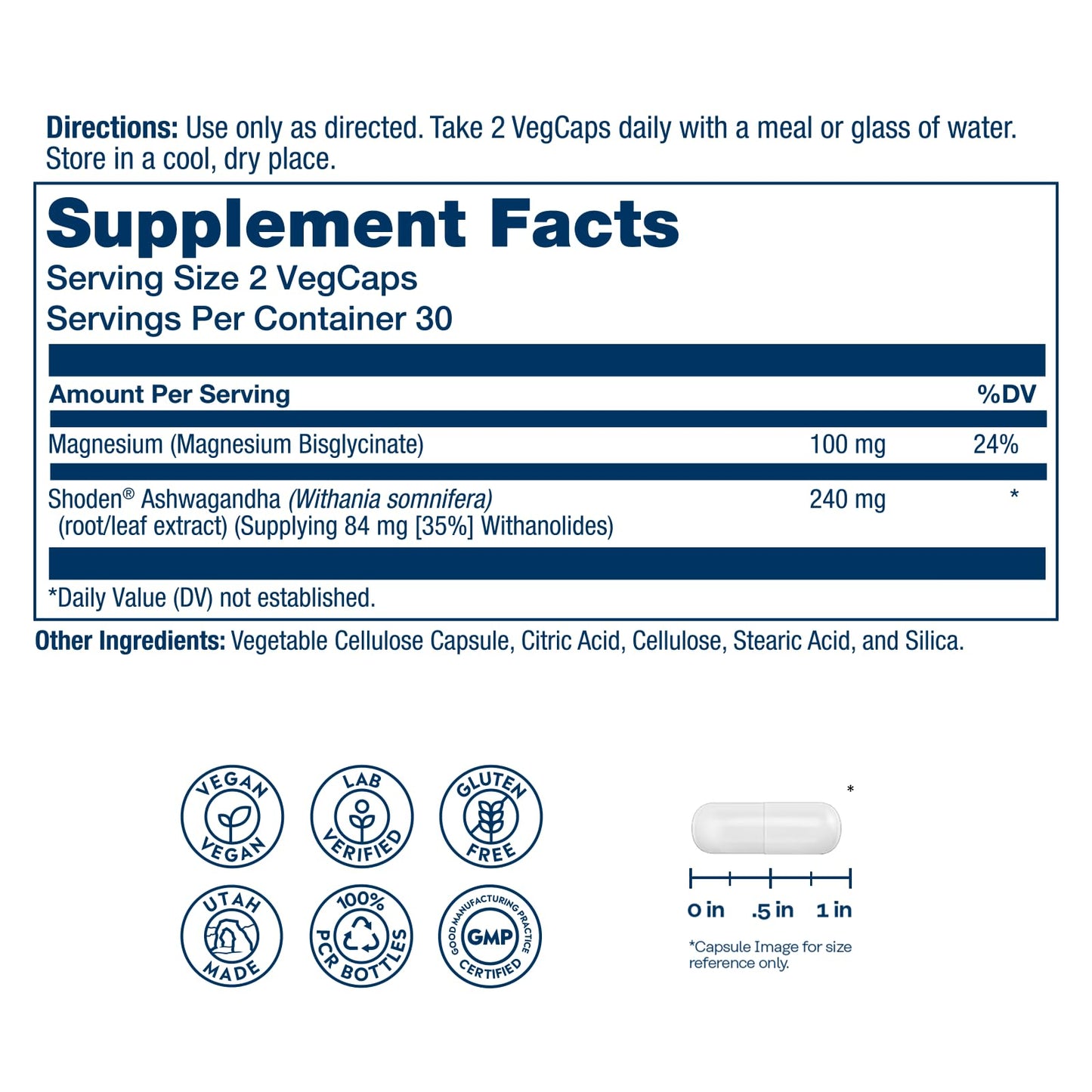 Solaray StressMag Magnesium Glycinate Plus Ashwagandha for Women and Men Capsules, 60 Count