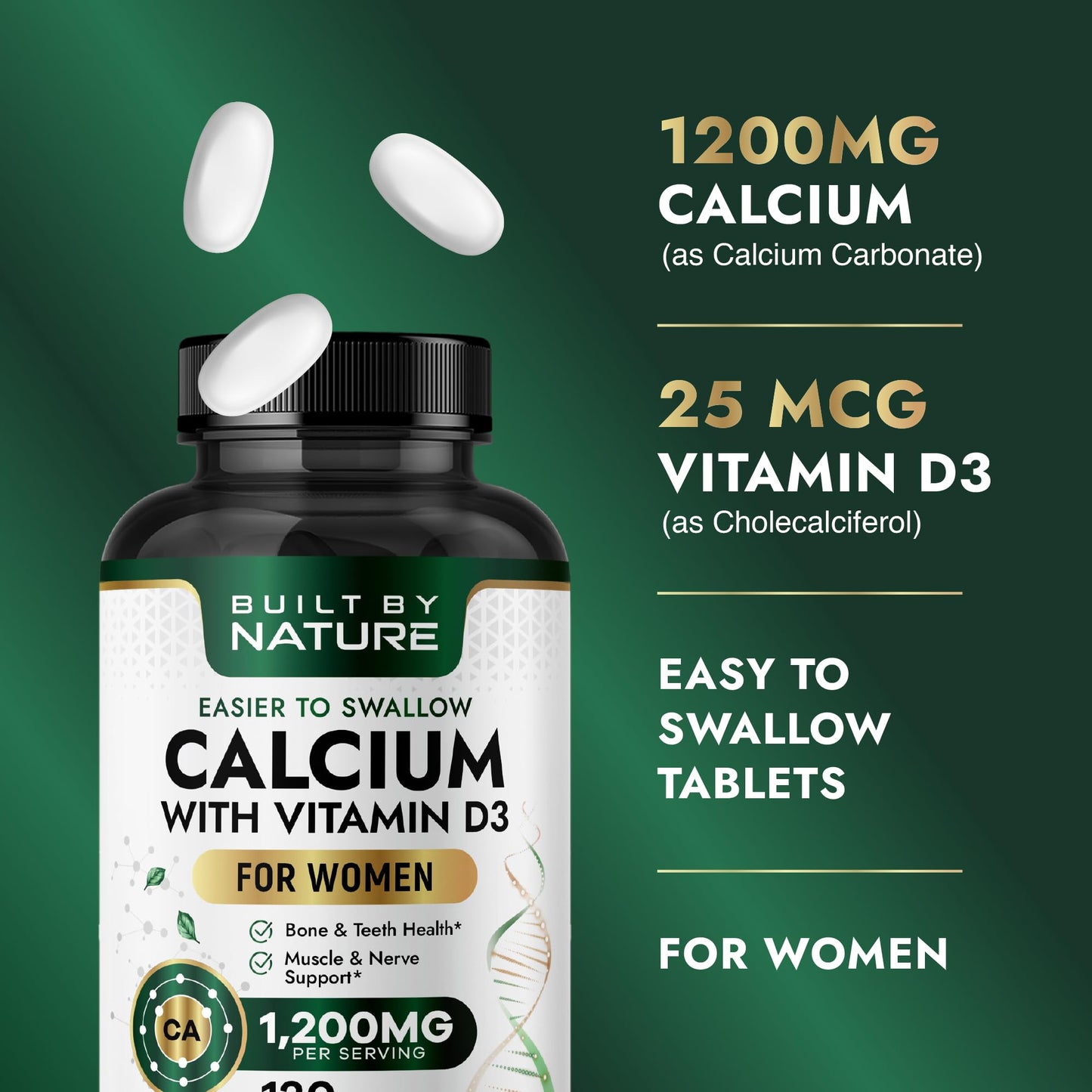 Built by Nature Calcium Supplement for Women 1200mg with Vitamin D3, Bone & Immune Support, 120 Tablets