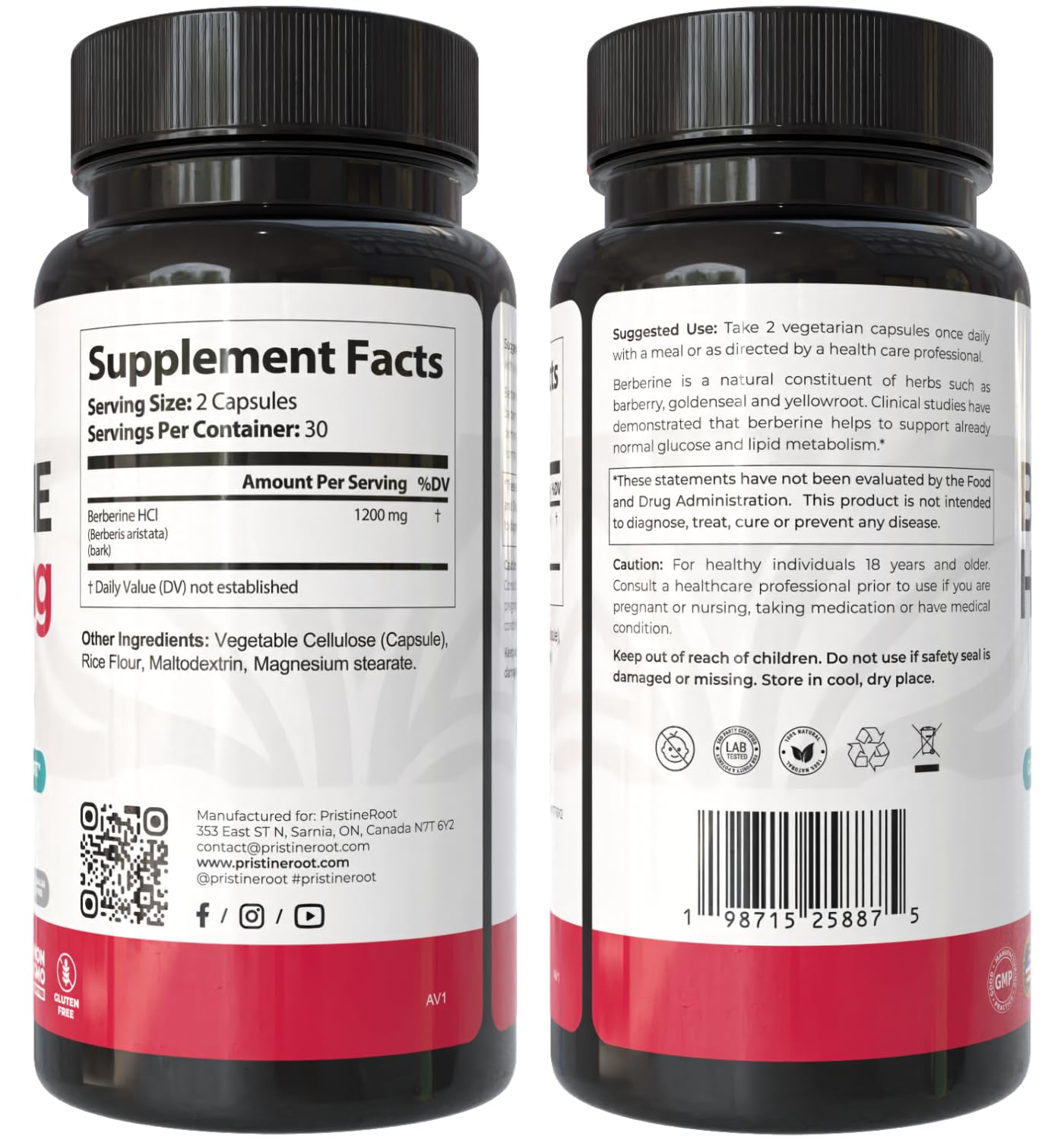 PristineRoot Berberine Supplement 1200mg Capsules, 60 Count