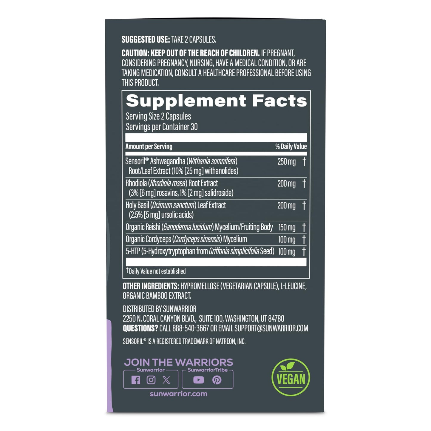 Sunwarrior Ashwagandha, Rhodiola, Reishi & 5-HTP for Stress-Free Focus Active Focus & Balance Capsules, Caffeine-Free Nootropic for Calm Energy & Mental Clarity, Mood & Immune Support, 60 Capsules