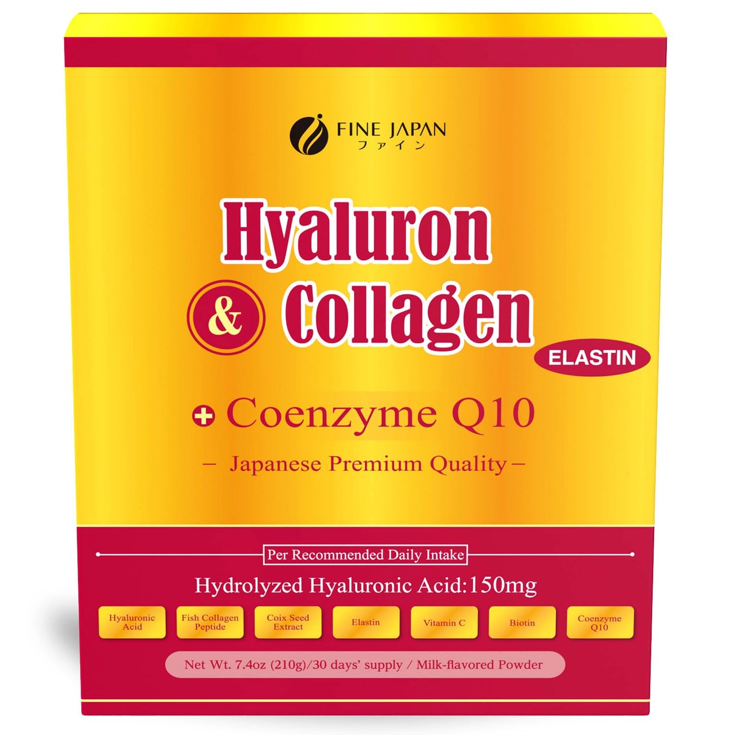 FINE JAPAN Premium Marine Collagen Powder with Hyaluronic Acid, CoQ10 & Elastin - 7.4 oz
