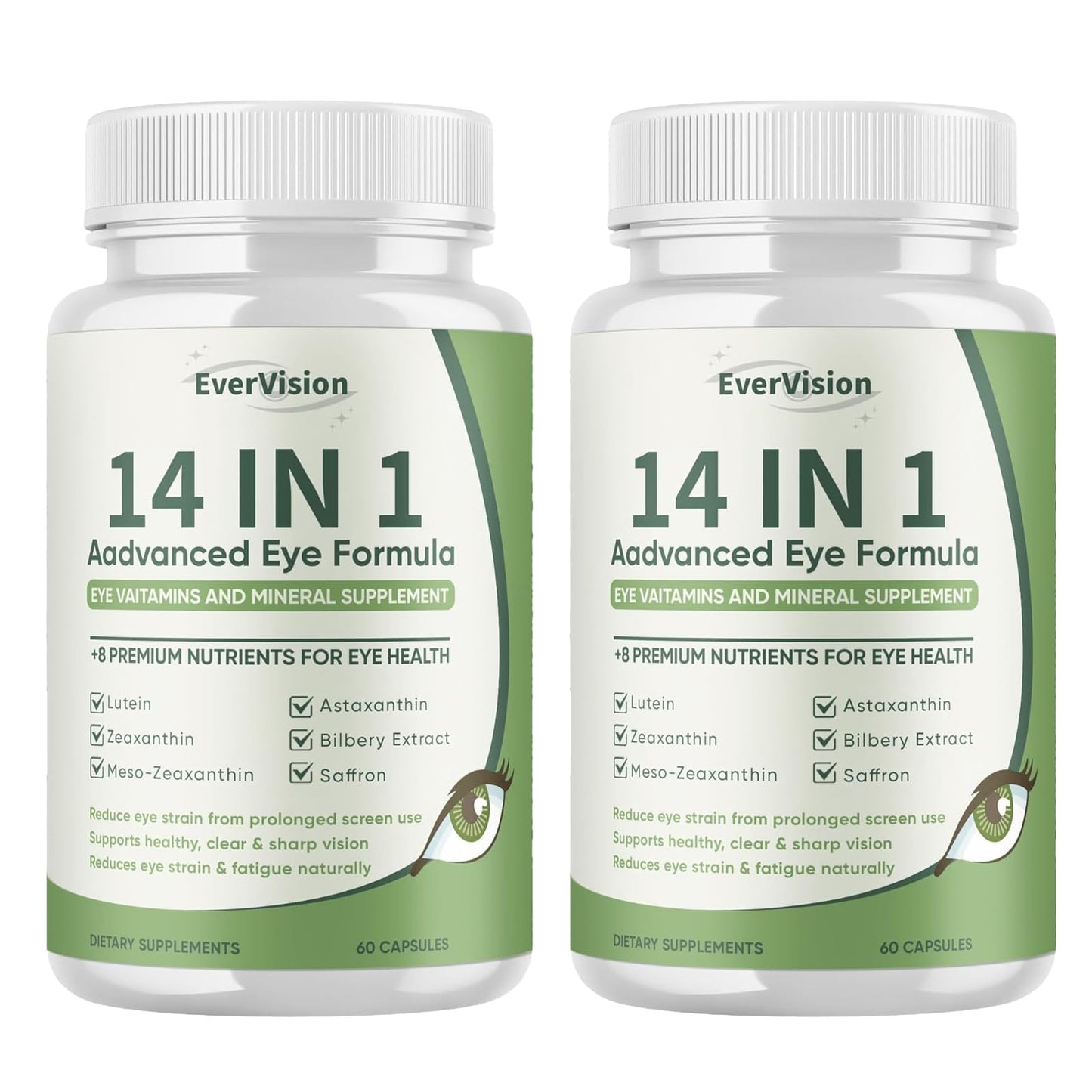 EVERVISION 14 in 1 Advanced Eye Formula Eye Vitamins & Minerals Supplement with Lutein, Zeaxanthin, Astaxanthin, Bilberry, Zinc, 60 Capsules