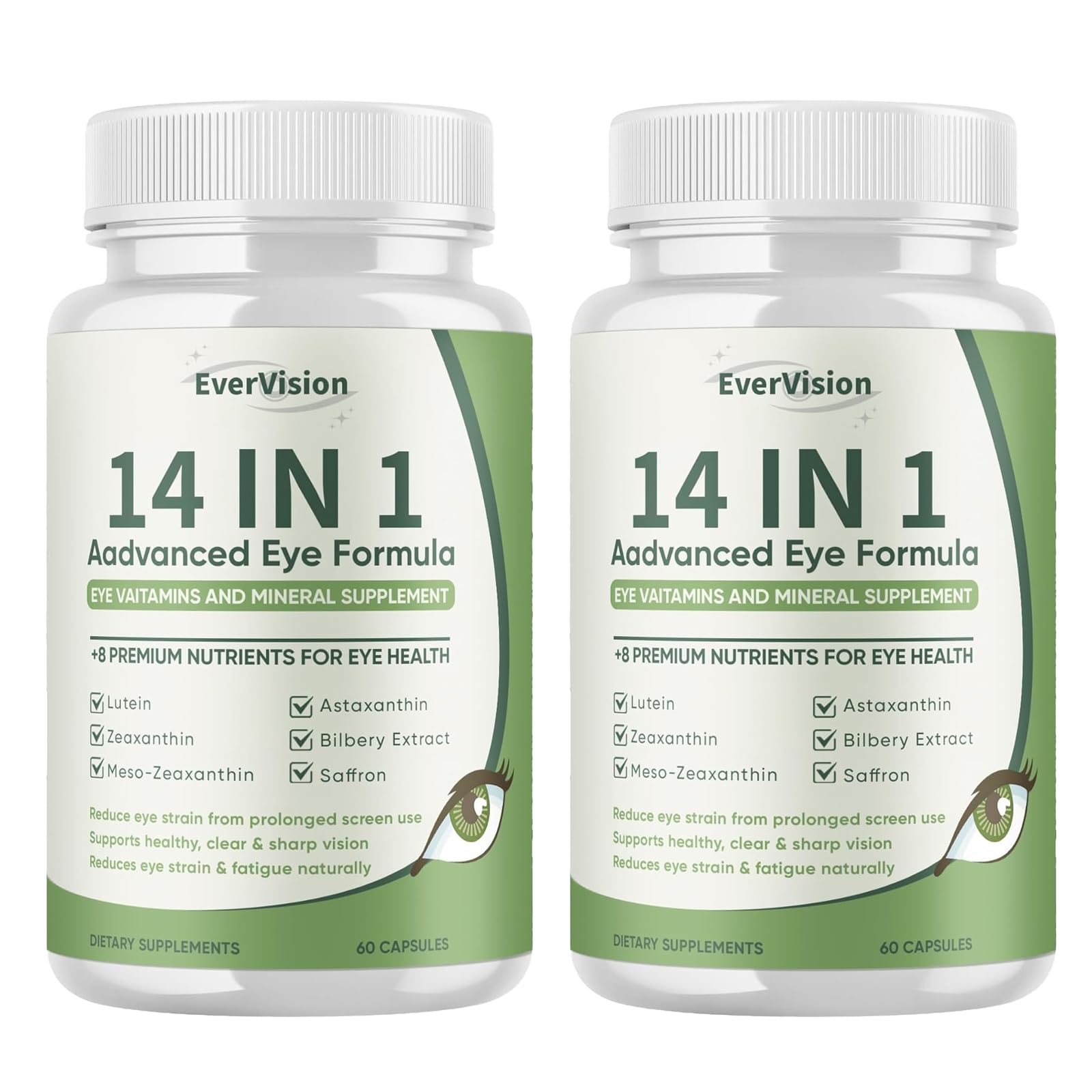 EVERVISION 14 in 1 Advanced Eye Formula Eye Vitamins & Minerals Supplement with Lutein, Zeaxanthin, Astaxanthin, Bilberry, Zinc, 60 Capsules