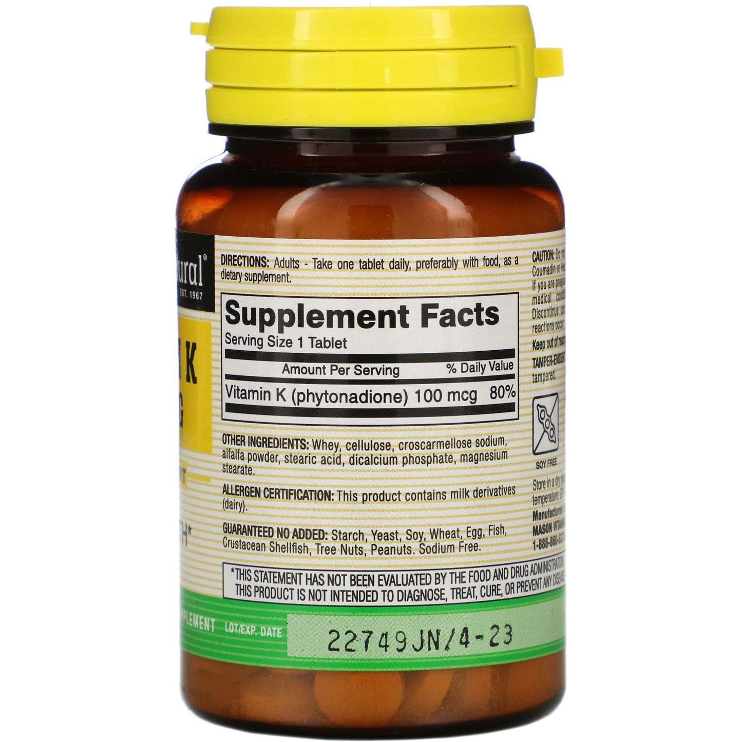 Mason Natural Vitamin K 100 mcg Tablets, 100 Count