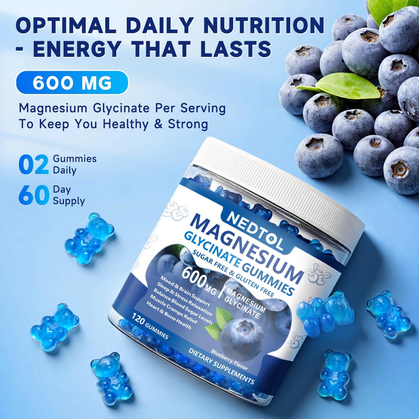Nedtol Magnesium Glycinate Gummies 600mg, Sugar Free, with Vitamin D, B6, and CoQ10, for Sleep and Relaxation, 120 Gummies