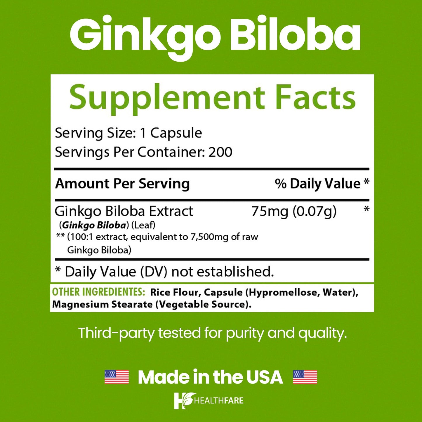 Healthfare Ginkgo Biloba Extract Capsules 200 Count