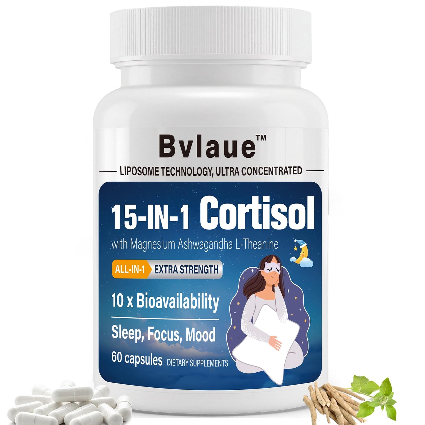 Bvlaue Cortisol Supplements for Women & Men 15-in-1 Cortisol Reducer Capsule, 60 Count